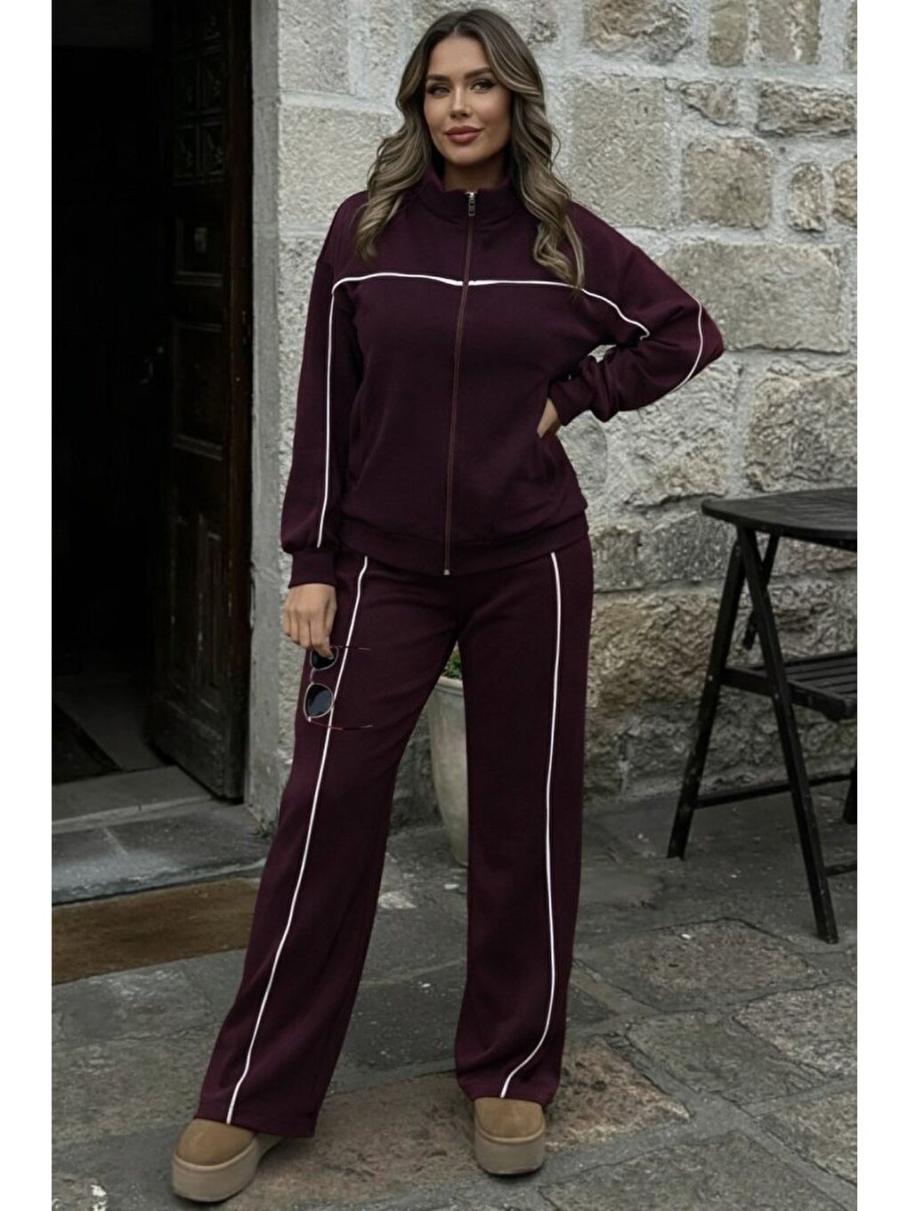 Bordo Kadın Uzun Kollu önden Fermuarlı Bluz Ve Pantolon Modal Ikili Takım-1