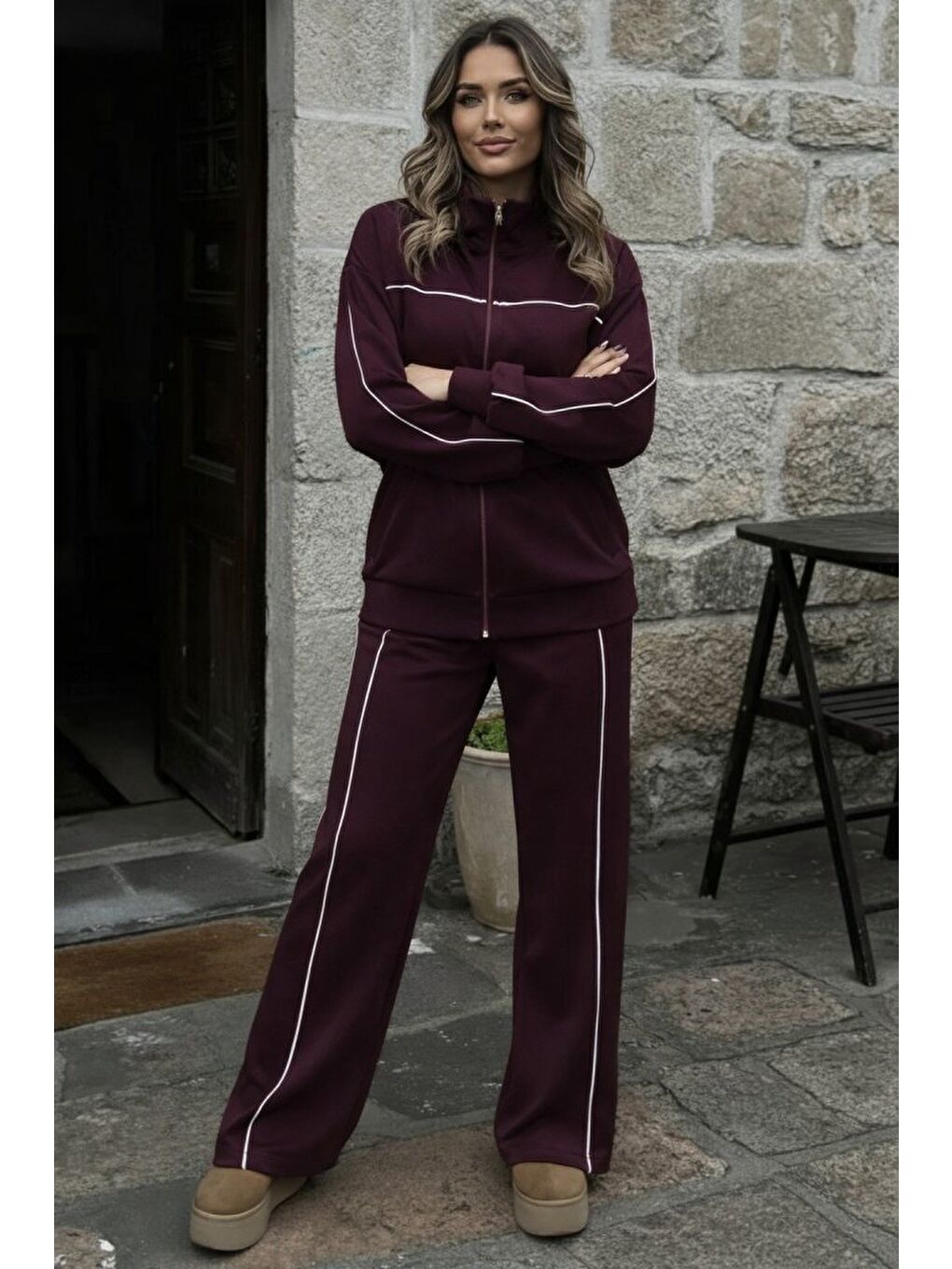 Bordo Kadın Uzun Kollu önden Fermuarlı Bluz Ve Pantolon Modal Ikili Takım-2
