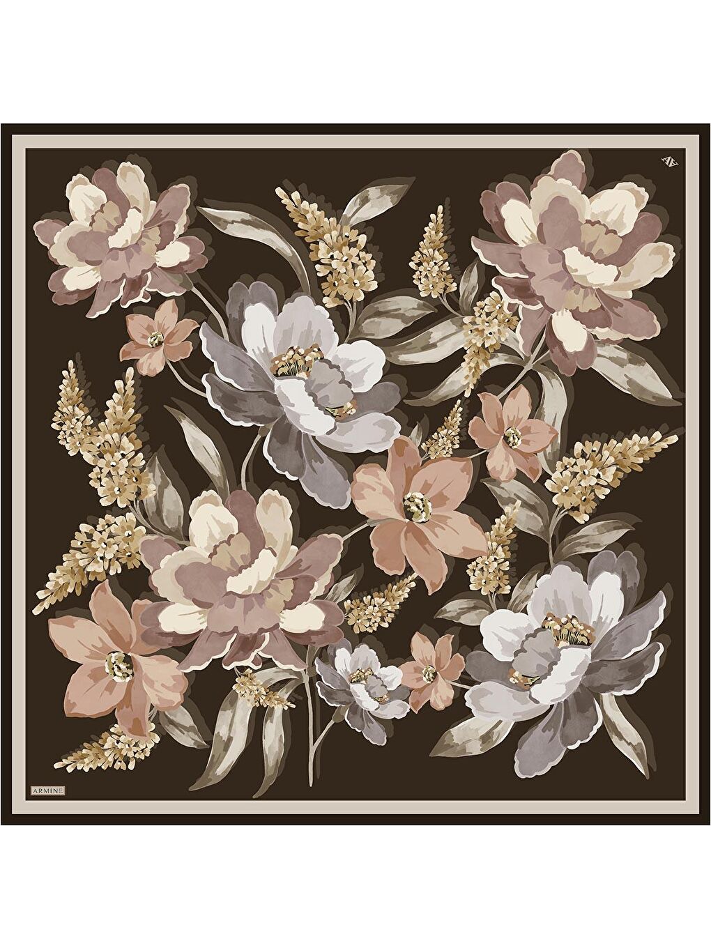 Kahverengi Çiçek Desenli Saf İpek Twill Eşarp 9414D 38-3