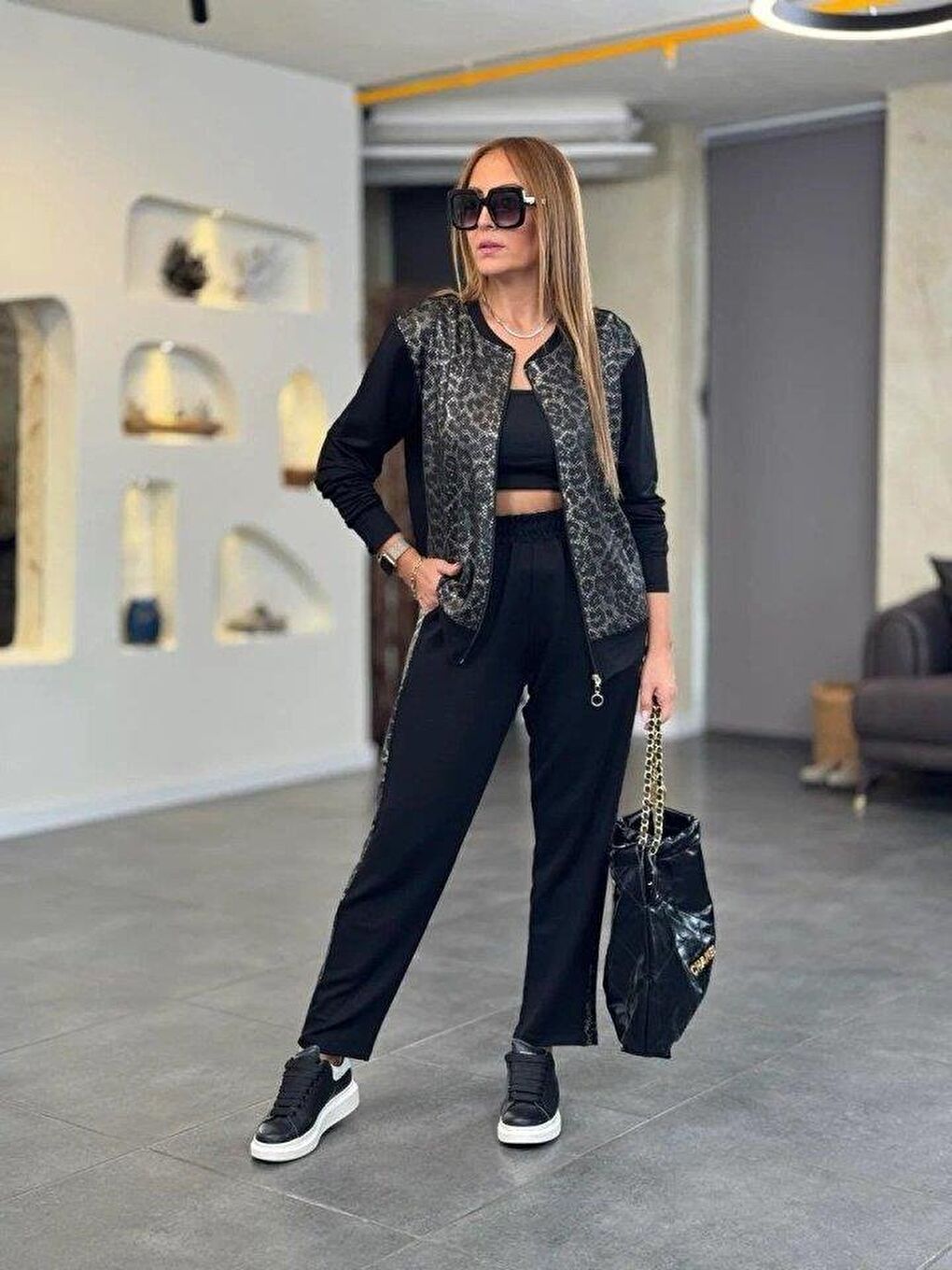 Siyah Kadın Uzun Kollu önden Fermuarlı Leopar Desenli Viskon Iki Iplik Bluz Ve Pantolon Ikili Takım-2