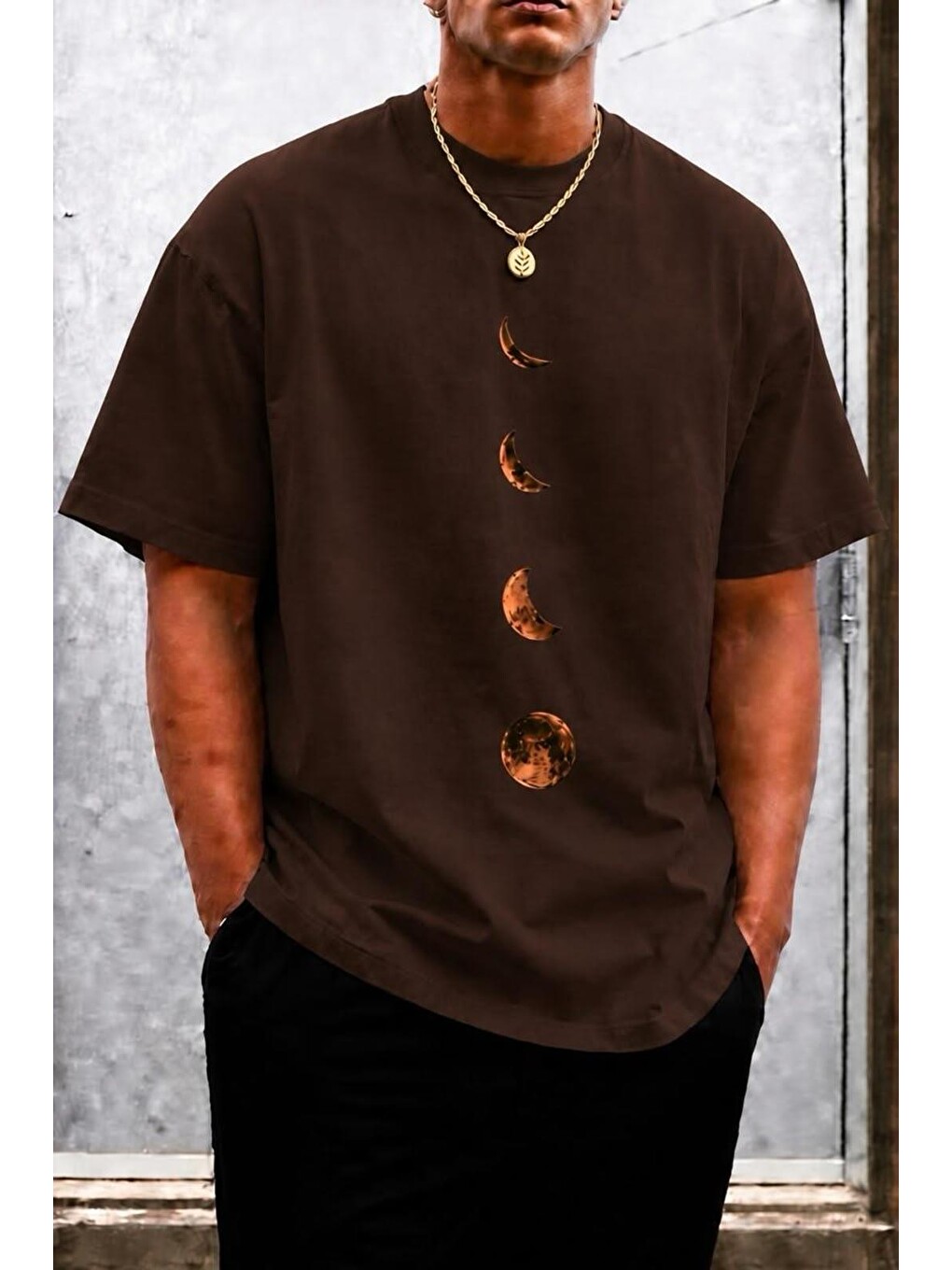Kahverengi Moon Baskılı Bisiklet Yaka Pamuklu Erkek T-shirt Rahat Kesim