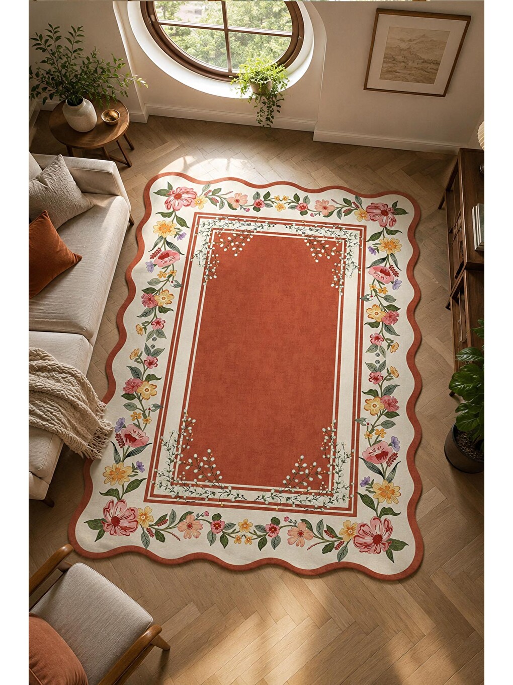 Turuncu Modern Dekoratif Halı – Makinada Yıkanabilir, Kaymaz Taban, İnce Lazer Kesim Halı-2