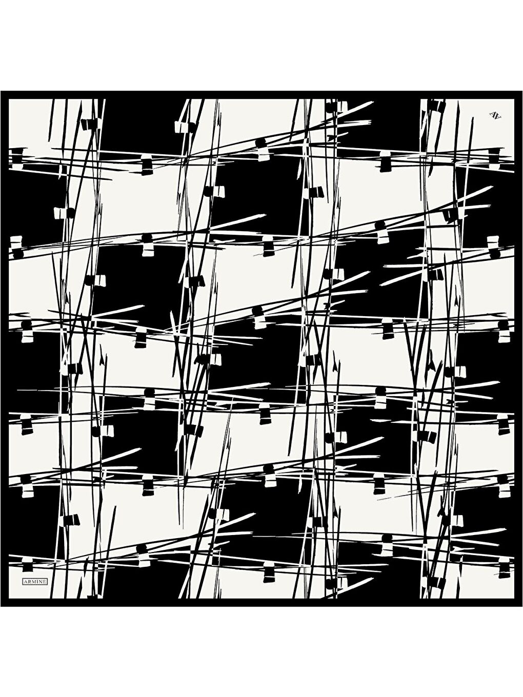 Siyah Geometrik Desenli Saf İpek Twill Eşarp 9442D 01-3