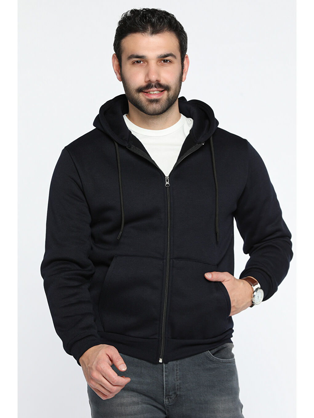 Mishar İtalia Lacivert Kapüşonlu Fermuarlı 3 İplik Şardonlu Sweatshirt - 1