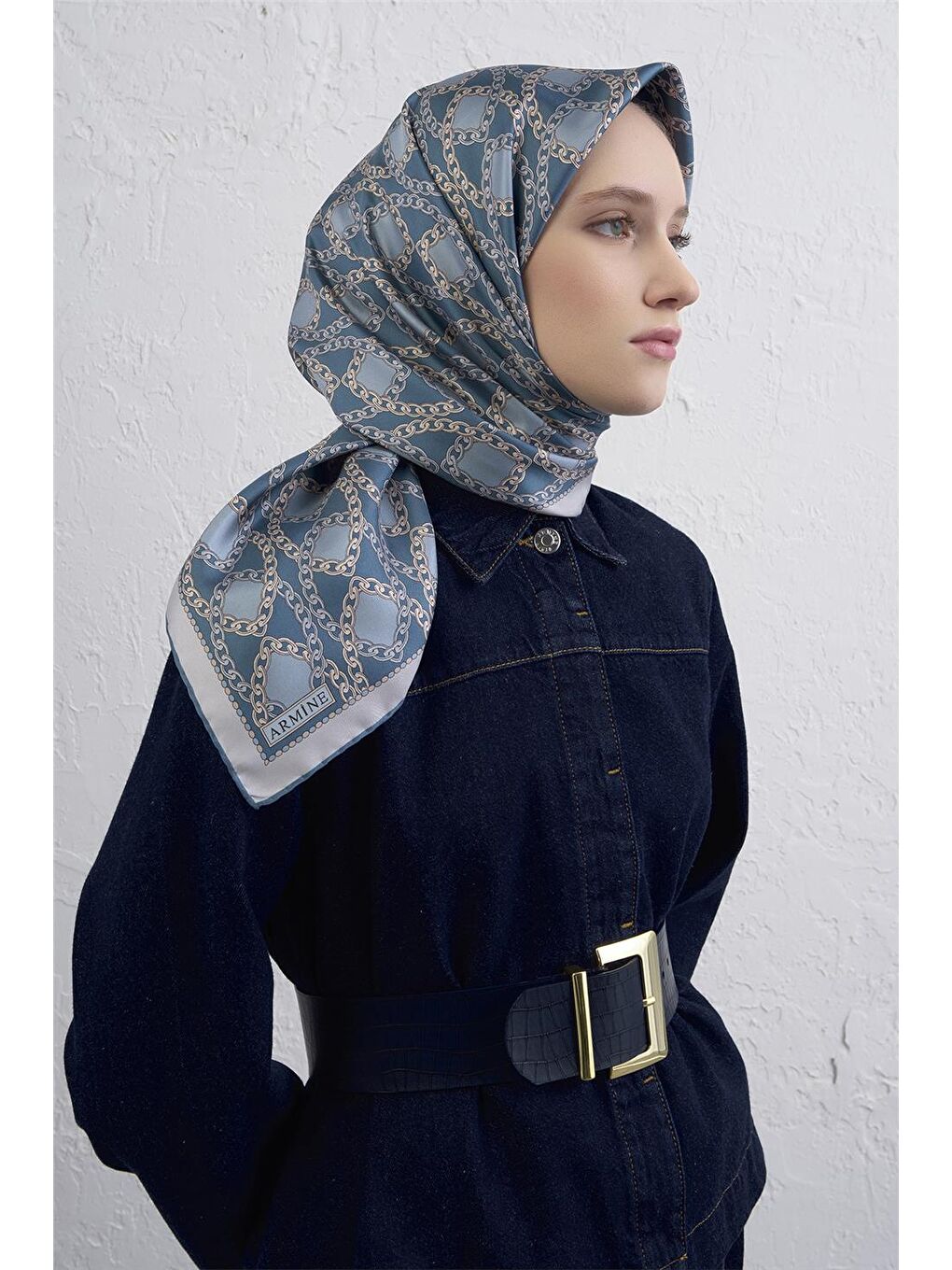 Mavi Klasik Desenli Saf İpek Twill Eşarp 9410D 36