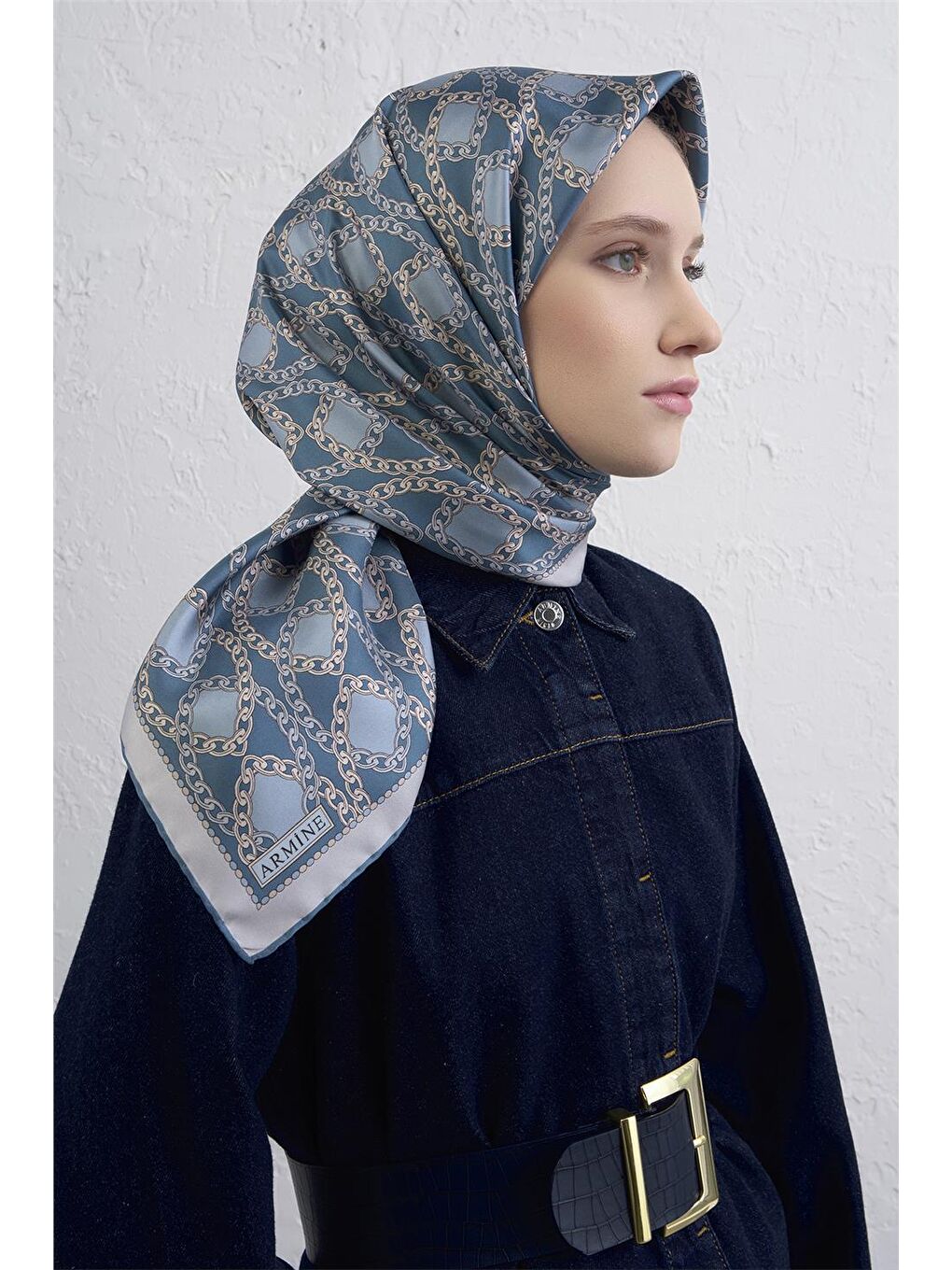 Mavi Klasik Desenli Saf İpek Twill Eşarp 9410D 36-1