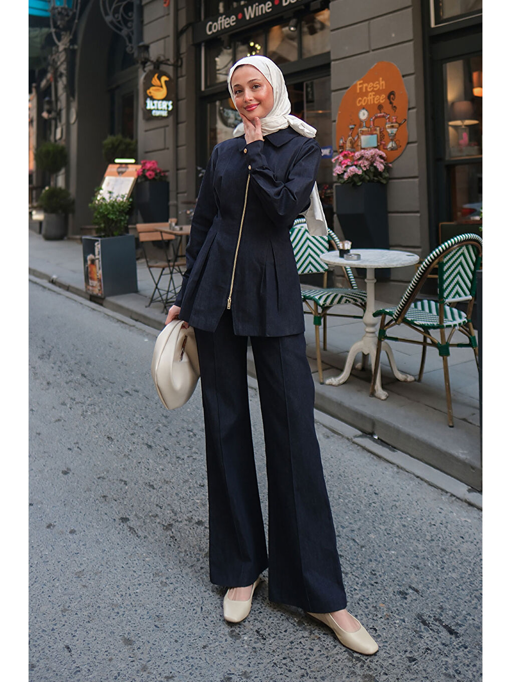 Kadın Lastikli Geniş Paça Jean Pantolon Koyu Mavi-2