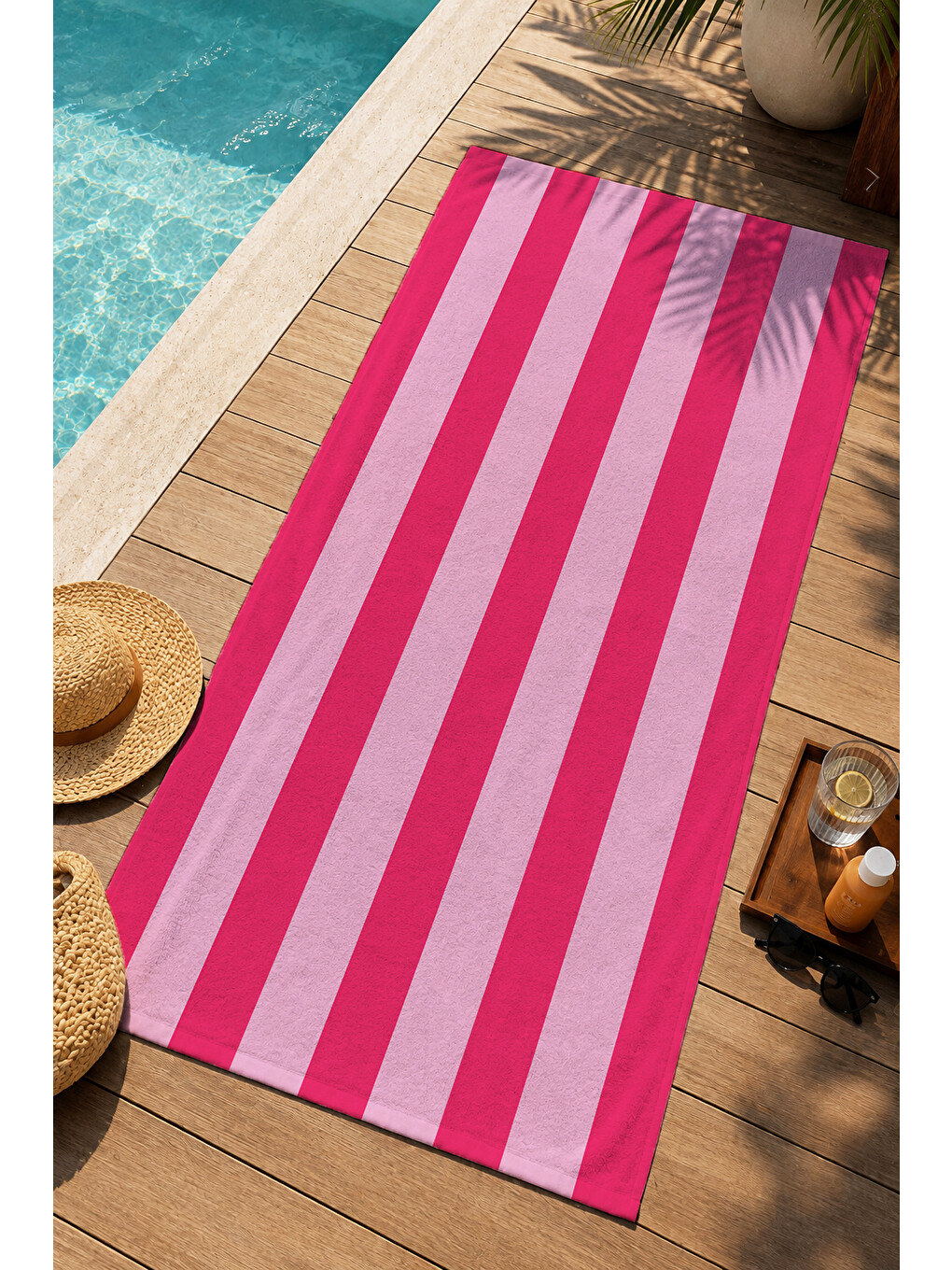Modern Pembe Tonlu Dikey Kalın Çizgili Minimal Desenli 70x150 Plaj Havlusu - Pamuklu Banyo Havlusu