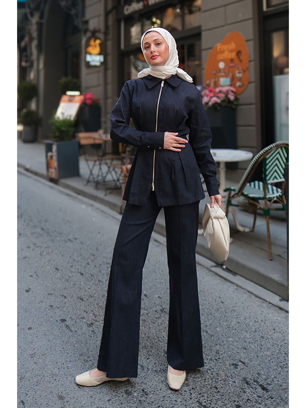 Kadın Lastikli Geniş Paça Jean Pantolon Koyu Mavi-4