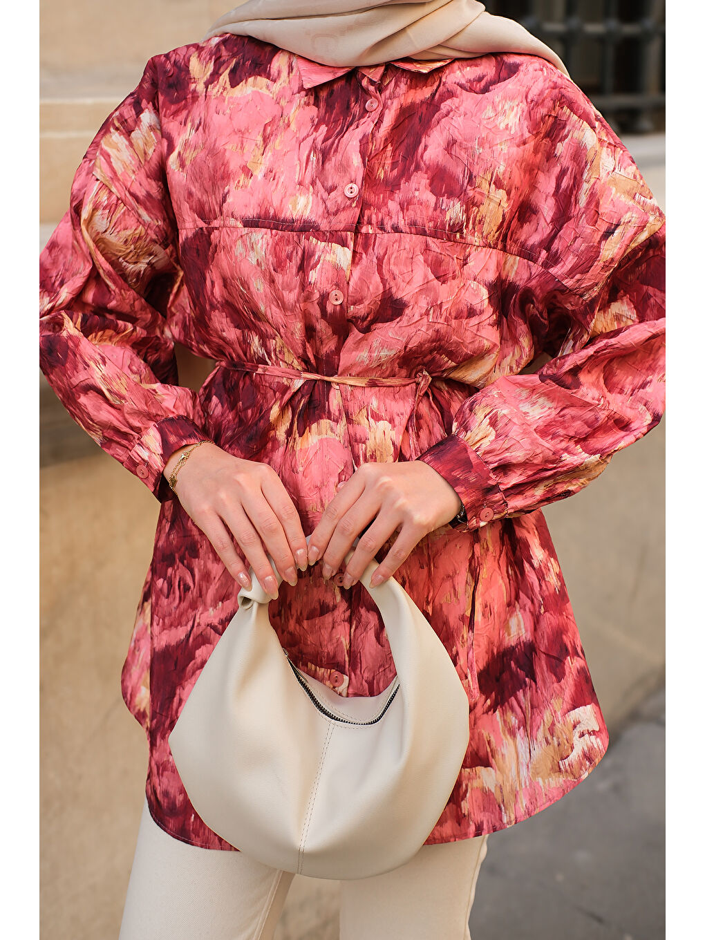 Kahverengi Kadın Nara Taşlanmış Oversize Gömlek Kiremit-2