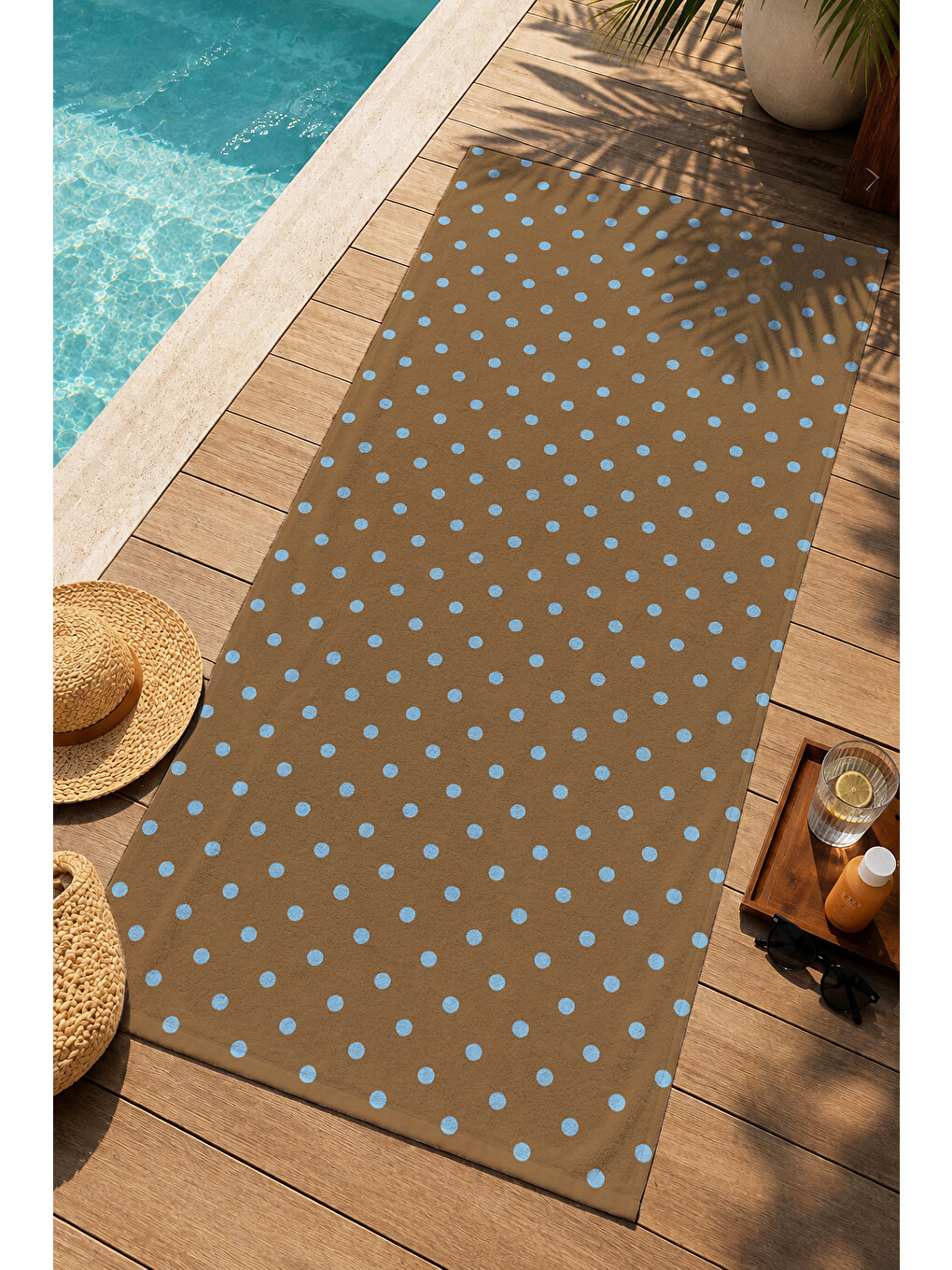Modern Kahverengi Mavi Mini Puantiye Desenli 70x150 Plaj Havlusu - Dijital Baskılı Banyo Havlusu