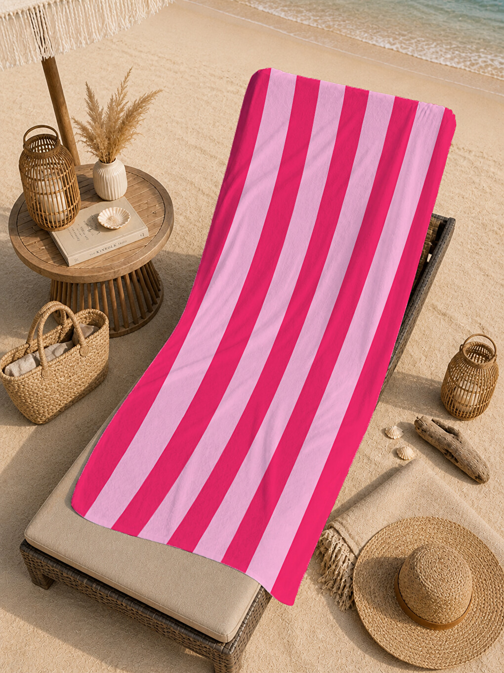 Modern Pembe Tonlu Dikey Kalın Çizgili Minimal Desenli 70x150 Plaj Havlusu - Pamuklu Banyo Havlusu-2