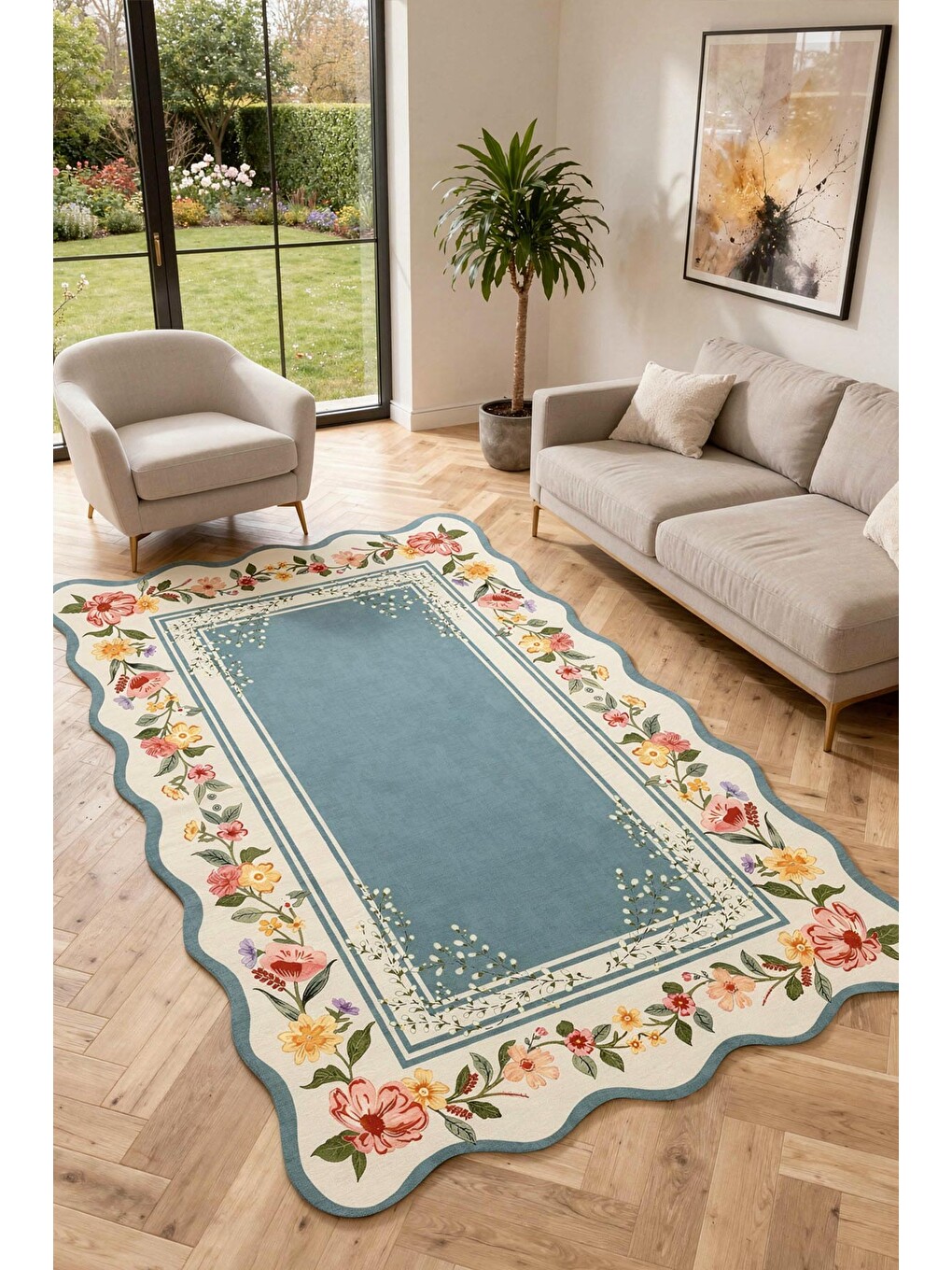 Mavi Modern Dekoratif Halı – Makinada Yıkanabilir, Kaymaz Taban, İnce Lazer Kesim Halı-1