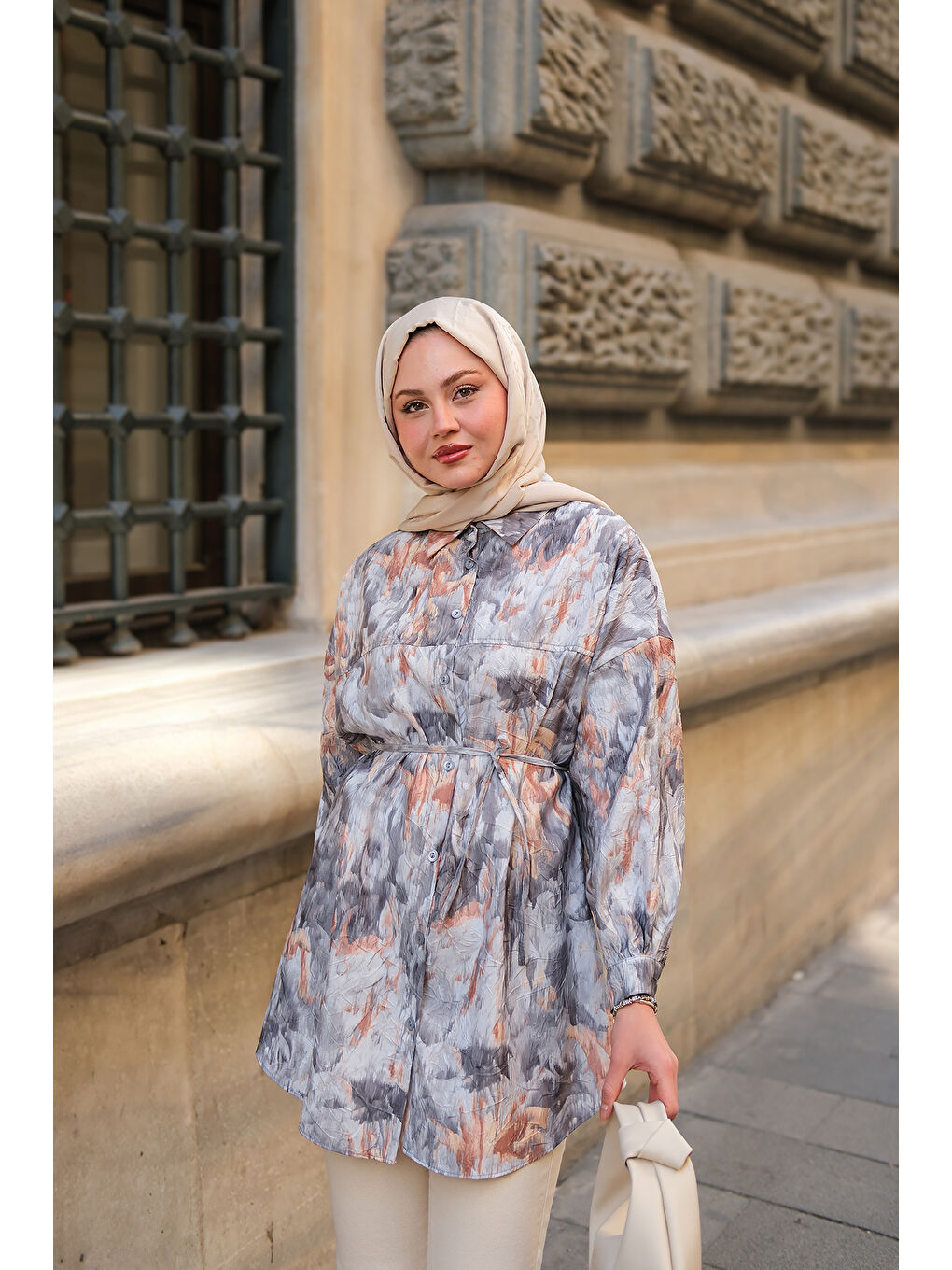 Locco Moda Kadın Nara Taşlanmış Oversize Gömlek Gri - 2