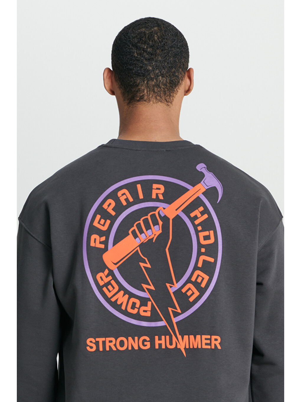 Loose Fit Rahat Kesim Bisiklet Yaka İçi Polarlı Sırt Baskılı Antrasit Sweatshirt-5