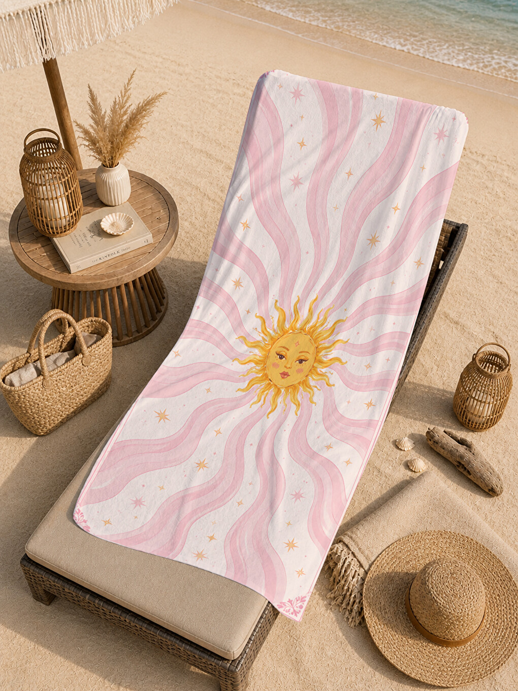 Bohem Pembe Güneş Dalgalı Çizgi Desenli 70x150 Plaj Havlusu - Dijital Baskılı Banyo Havlusu-3