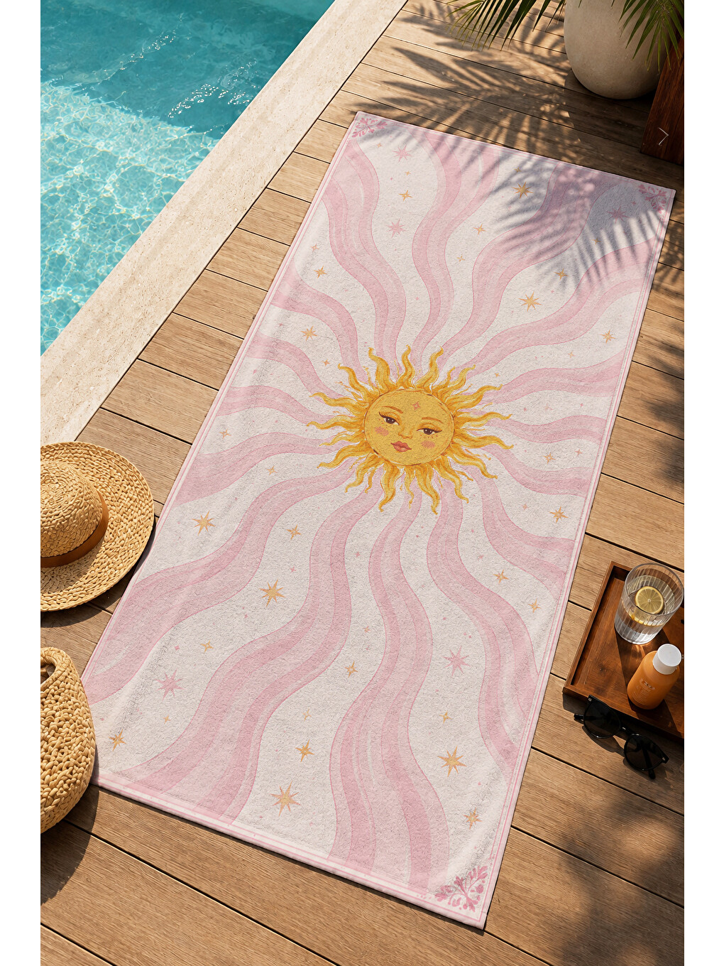 Bohem Pembe Güneş Dalgalı Çizgi Desenli 70x150 Plaj Havlusu - Dijital Baskılı Banyo Havlusu-4