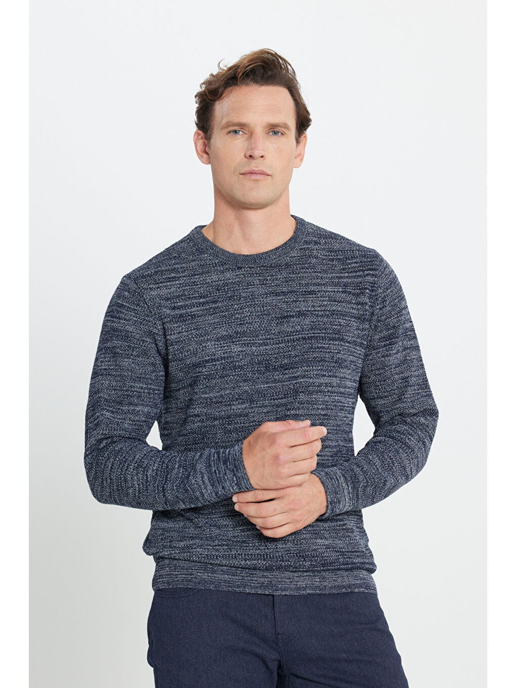 Erkek Lacivert-Gri Recycle Standart Fit Normal Kesim Bisiklet Yaka Pirinç Örgü Desenli Triko