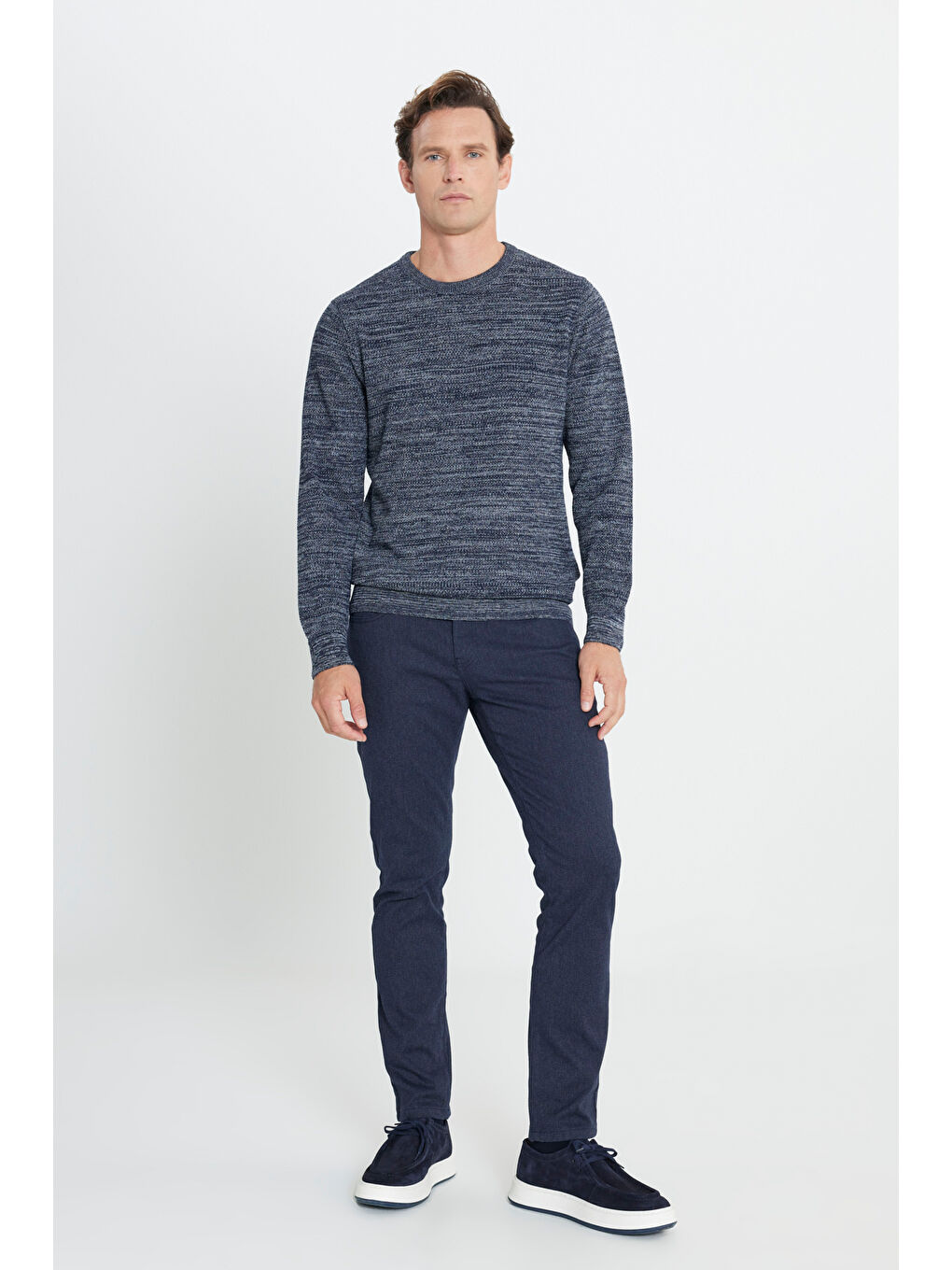 Erkek Lacivert-Gri Recycle Standart Fit Normal Kesim Bisiklet Yaka Pirinç Örgü Desenli Triko-1