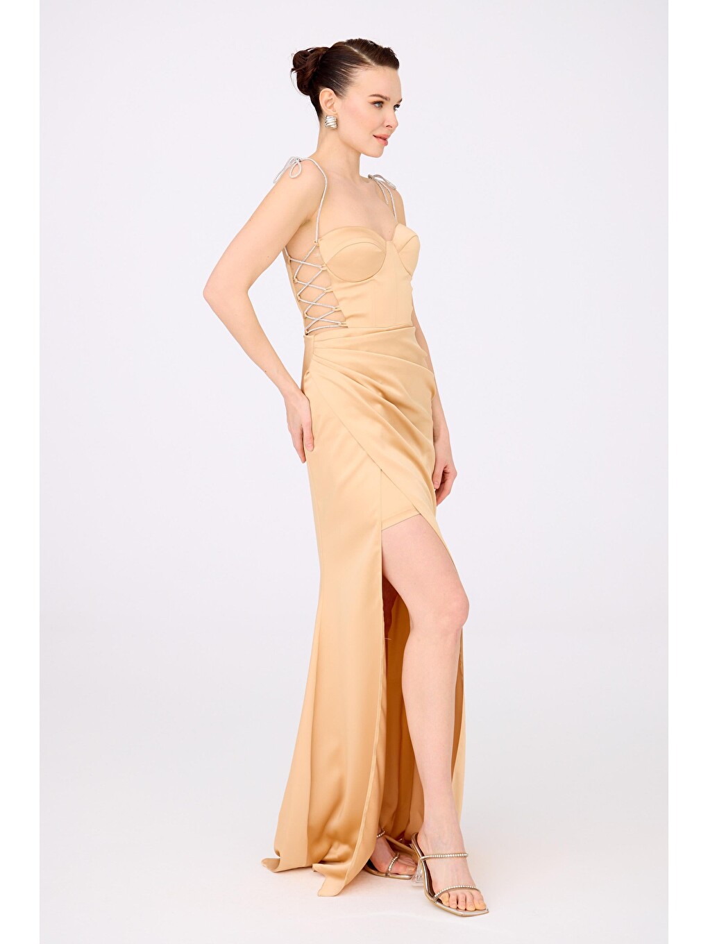 Sarı Gold Bağlamalı Saten Abiye Elbise-2