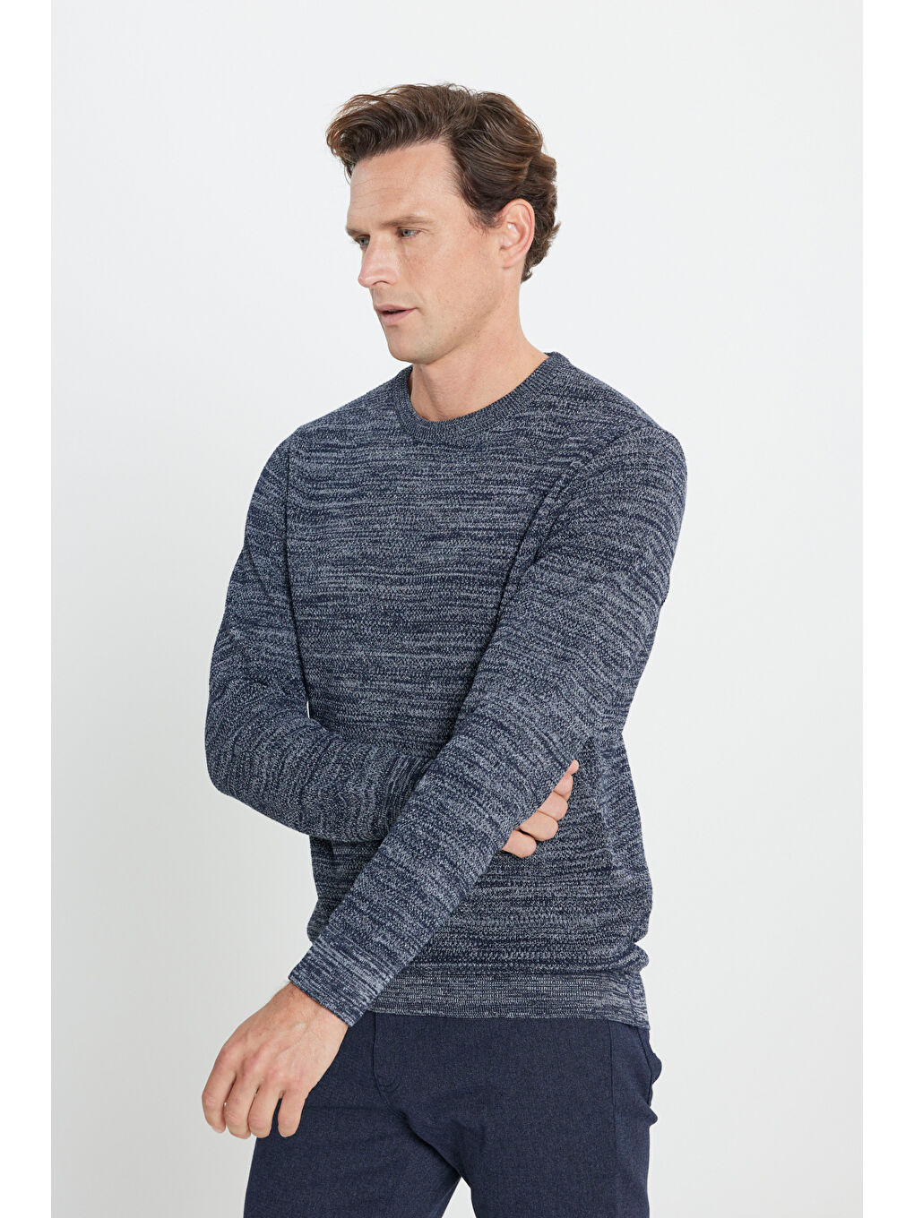 Erkek Lacivert-Gri Recycle Standart Fit Normal Kesim Bisiklet Yaka Pirinç Örgü Desenli Triko-2