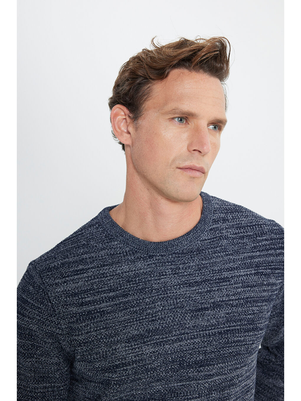 Erkek Lacivert-Gri Recycle Standart Fit Normal Kesim Bisiklet Yaka Pirinç Örgü Desenli Triko-3