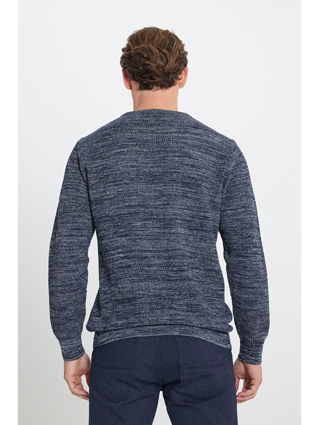 Erkek Lacivert-Gri Recycle Standart Fit Normal Kesim Bisiklet Yaka Pirinç Örgü Desenli Triko-4