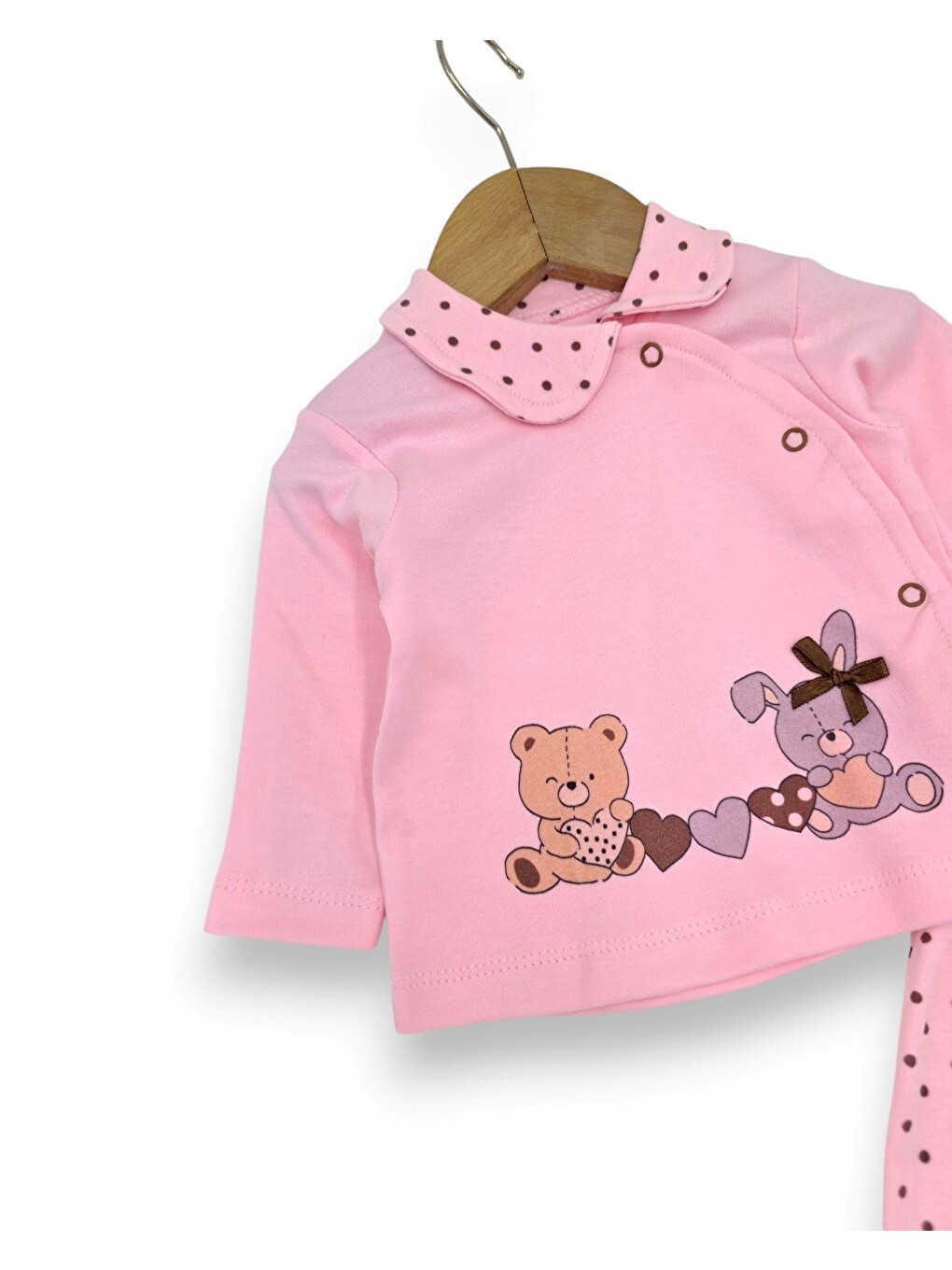 Pembe Kız Bebek Puantiyeli Ayıcık Baskılı Şapkalı 3'lü Takım-1