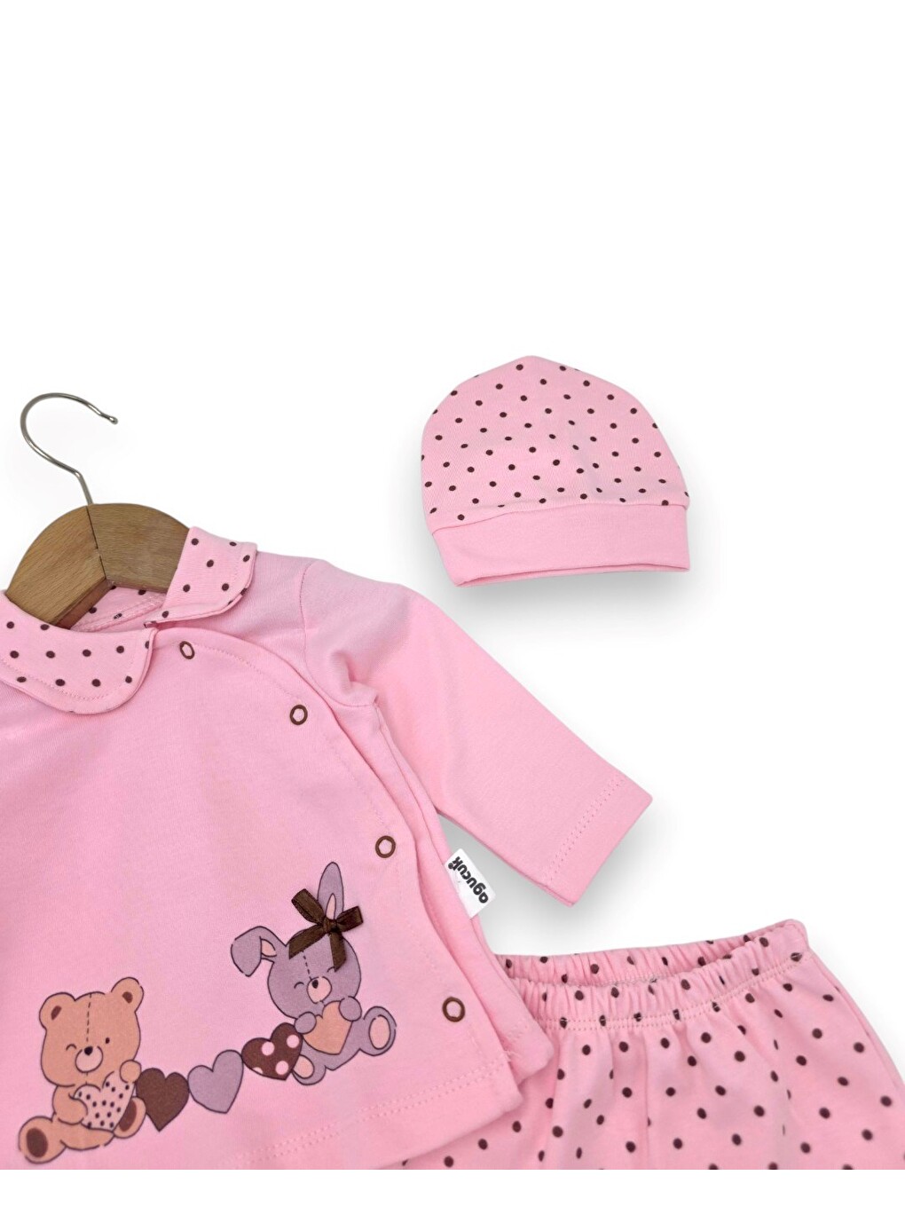 Pembe Kız Bebek Puantiyeli Ayıcık Baskılı Şapkalı 3'lü Takım-2