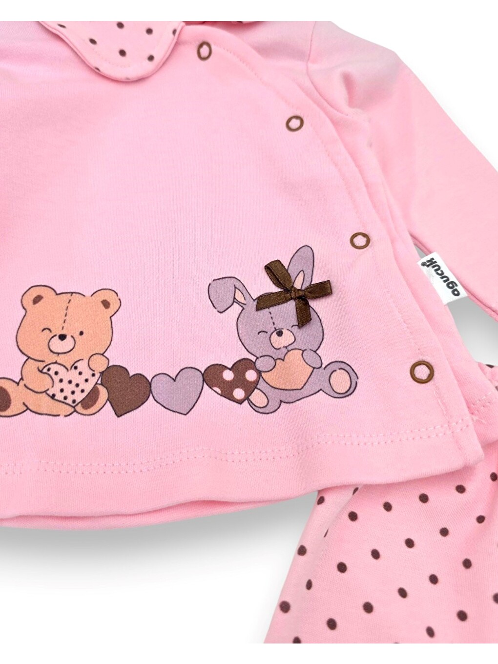 Pembe Kız Bebek Puantiyeli Ayıcık Baskılı Şapkalı 3'lü Takım-3