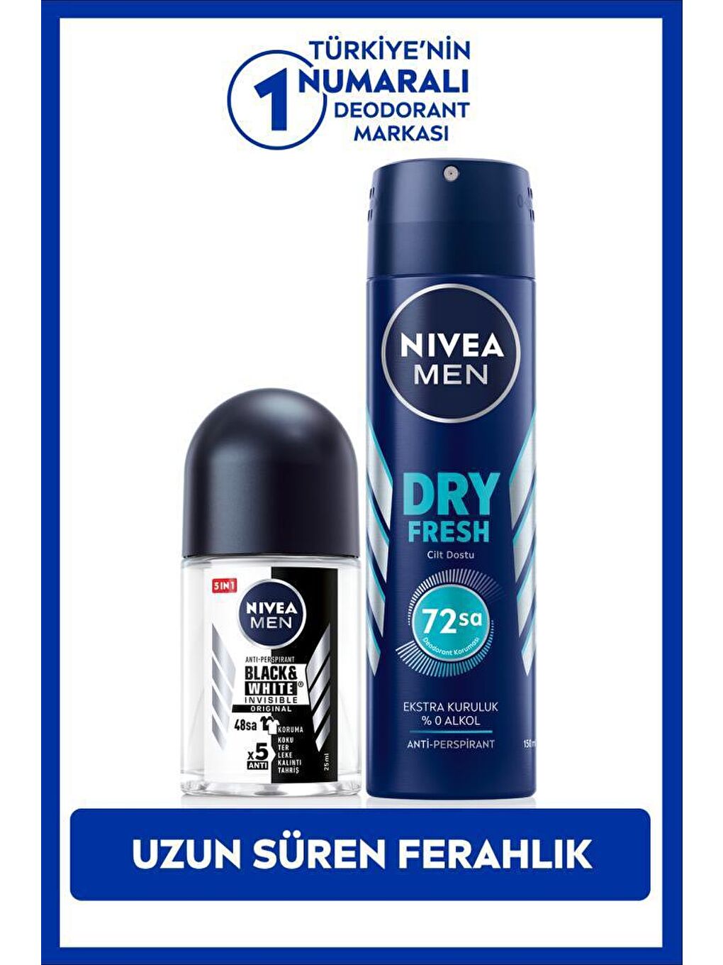 NIVEA Şeffaf MEN Erkek Sprey Deodorant Dry Fresh 150ml ve Mini Roll-on Black&White Original 25ml, Ter Karşıtı