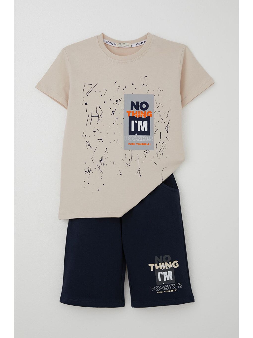 Erkek Çocuk Şortlu Takım Püskürtme Boya Desenli Yazı Baskılı Bej (5-10 Yaş)