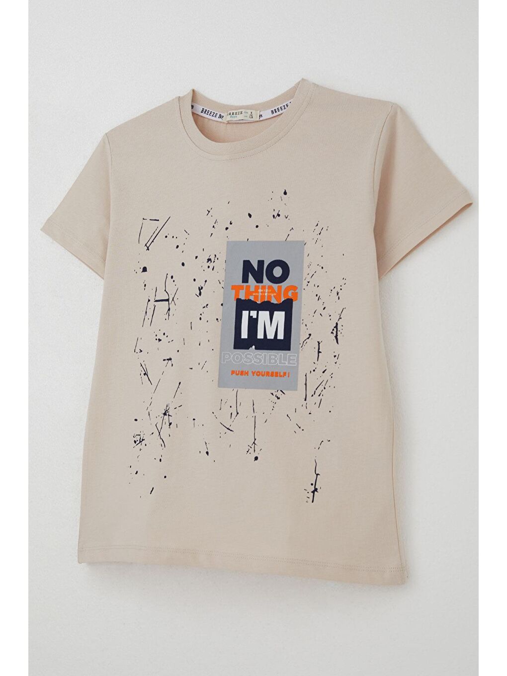 Erkek Çocuk Şortlu Takım Püskürtme Boya Desenli Yazı Baskılı Bej (5-10 Yaş)-5