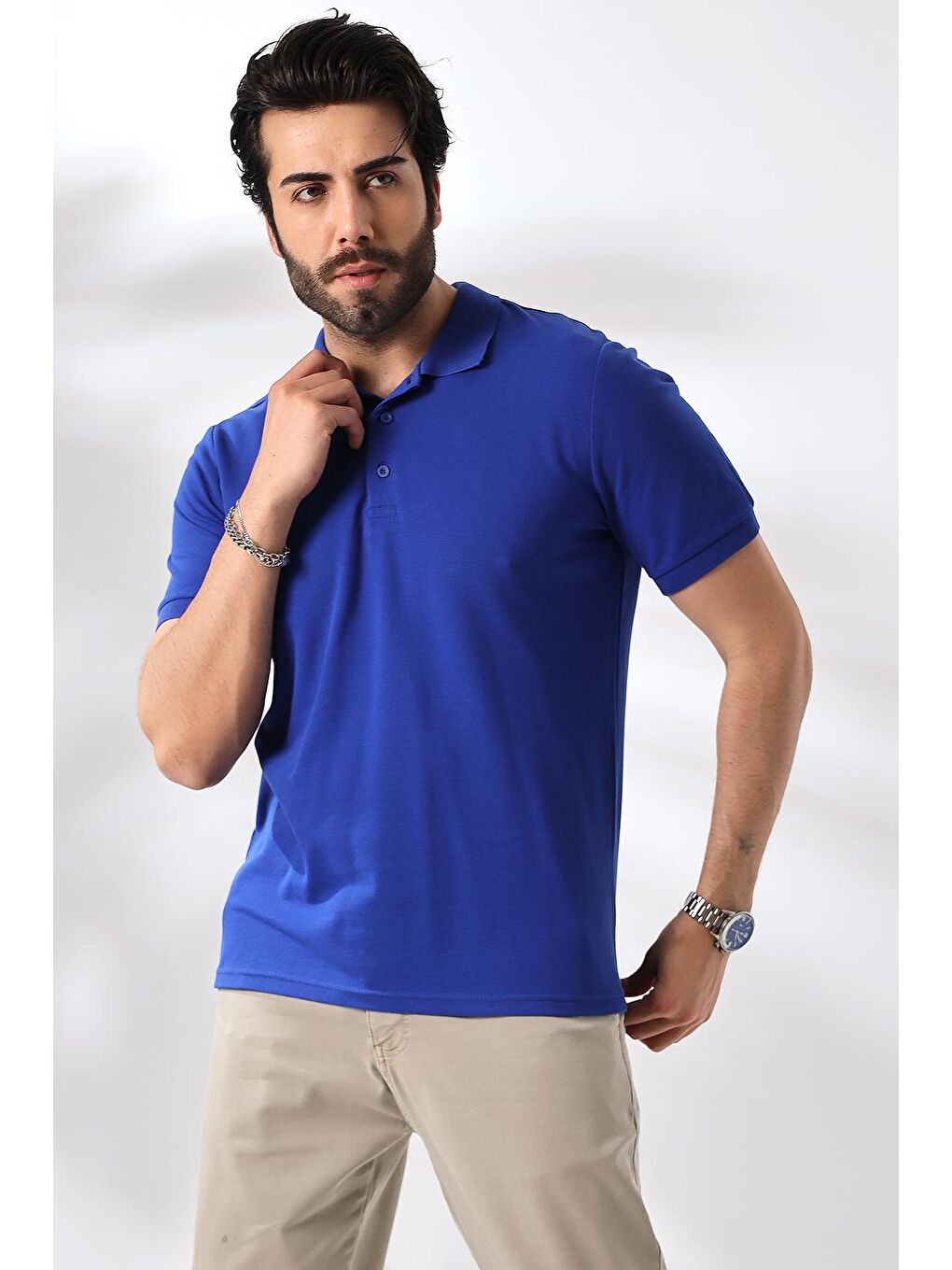 Erkek Saks Mavisi Polo Yaka Basic Pamuklu Tişört