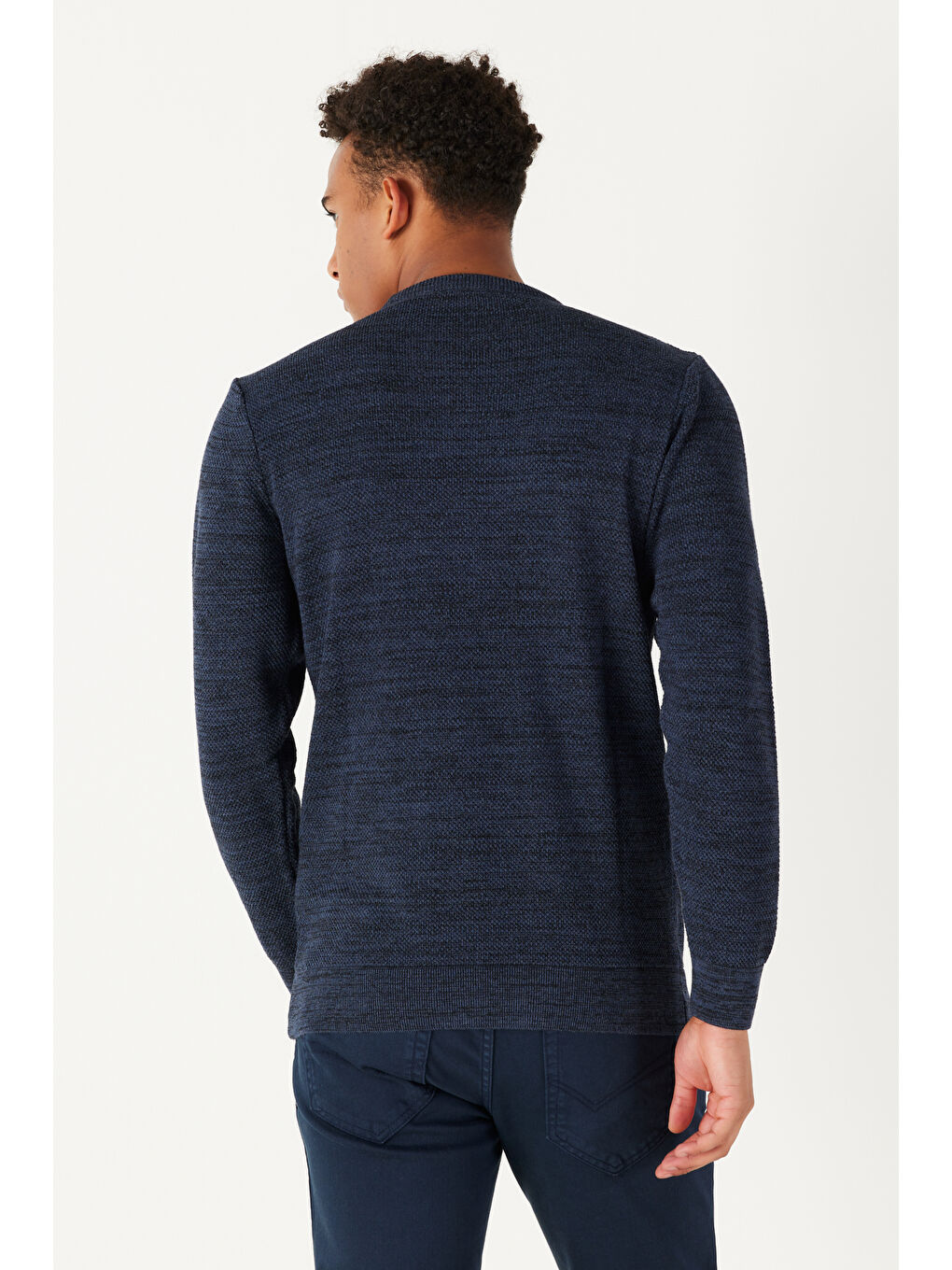 Lacivert Erkek İndigo-Siyah Recycle Standart Fit Normal Kesim Bisiklet Yaka Pirinç Örgü Desenli Triko-4