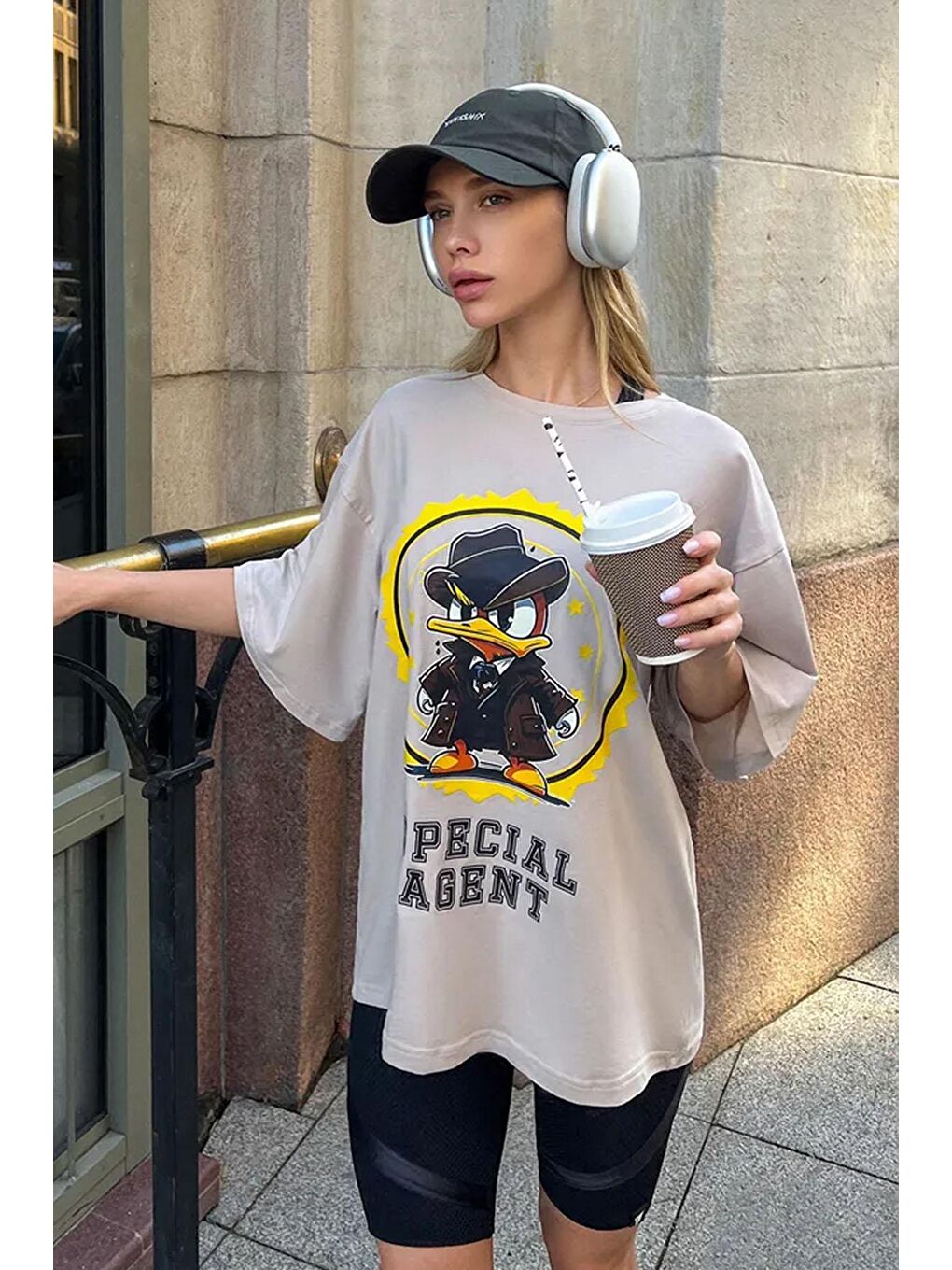 uyguntarz Bej Unisex Special Agent Baskılı Oversize Tshirt