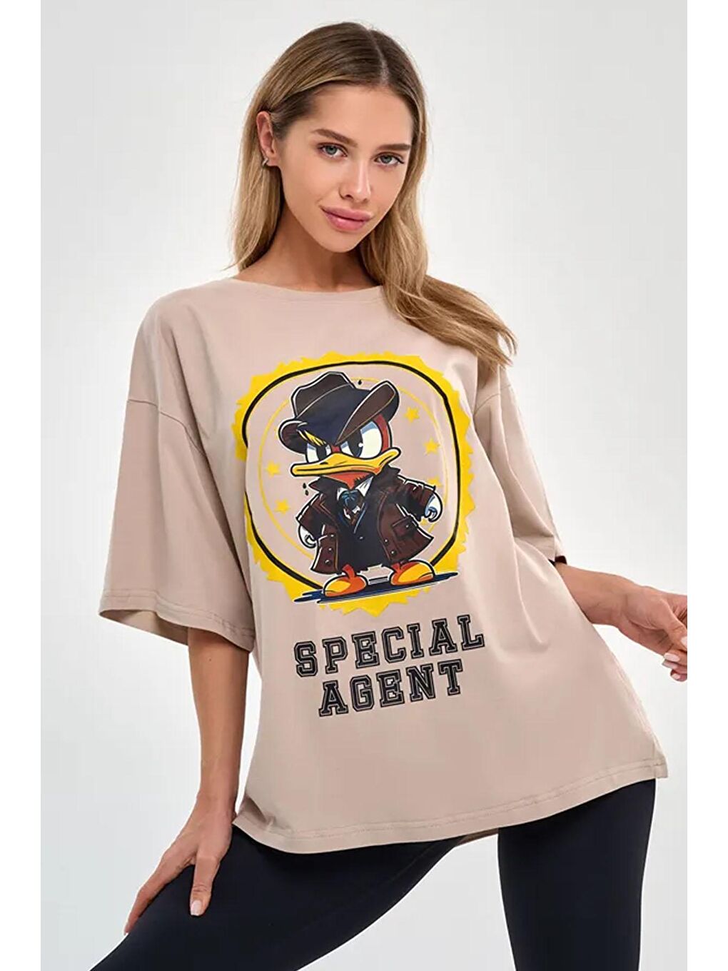 uyguntarz Bej Unisex Special Agent Baskılı Oversize Tshirt - 1