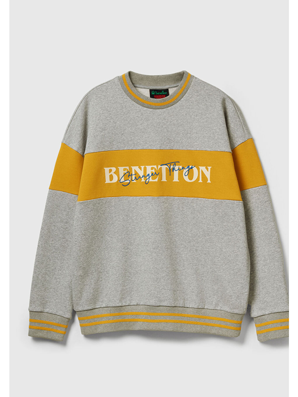 Unisex Gri Melanj Stranger Things Renk Bloklu Sweatshirt-1