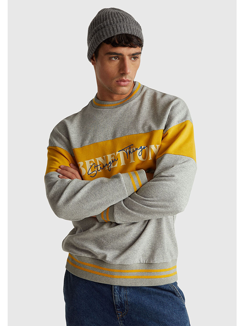 Unisex Gri Melanj Stranger Things Renk Bloklu Sweatshirt-2