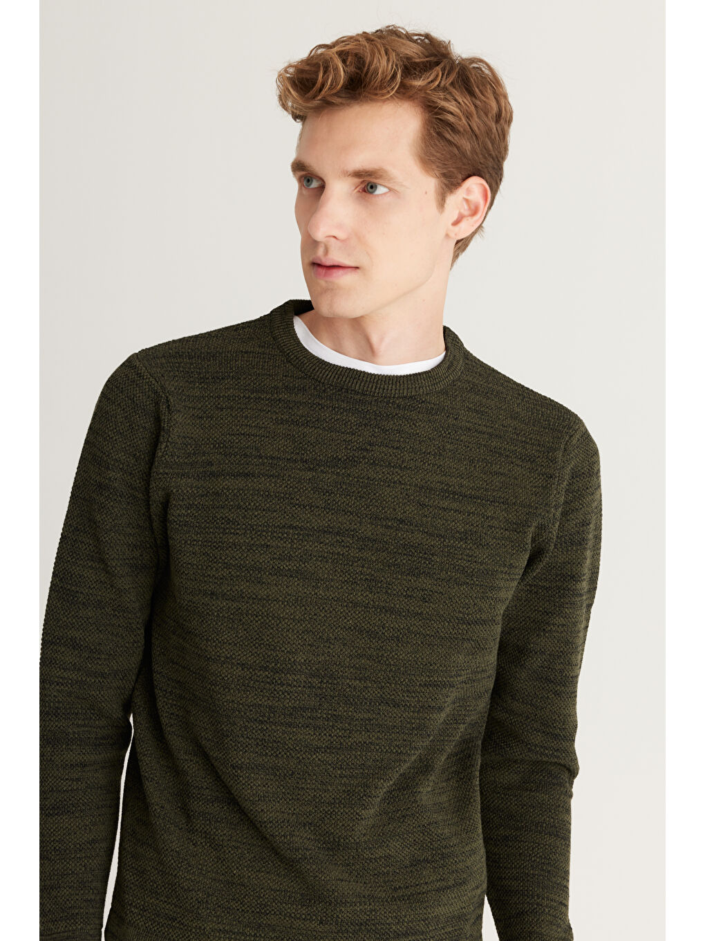 Erkek Haki-Siyah Recycle Standart Fit Normal Kesim Bisiklet Yaka Pirinç Örgü Desenli Triko-3