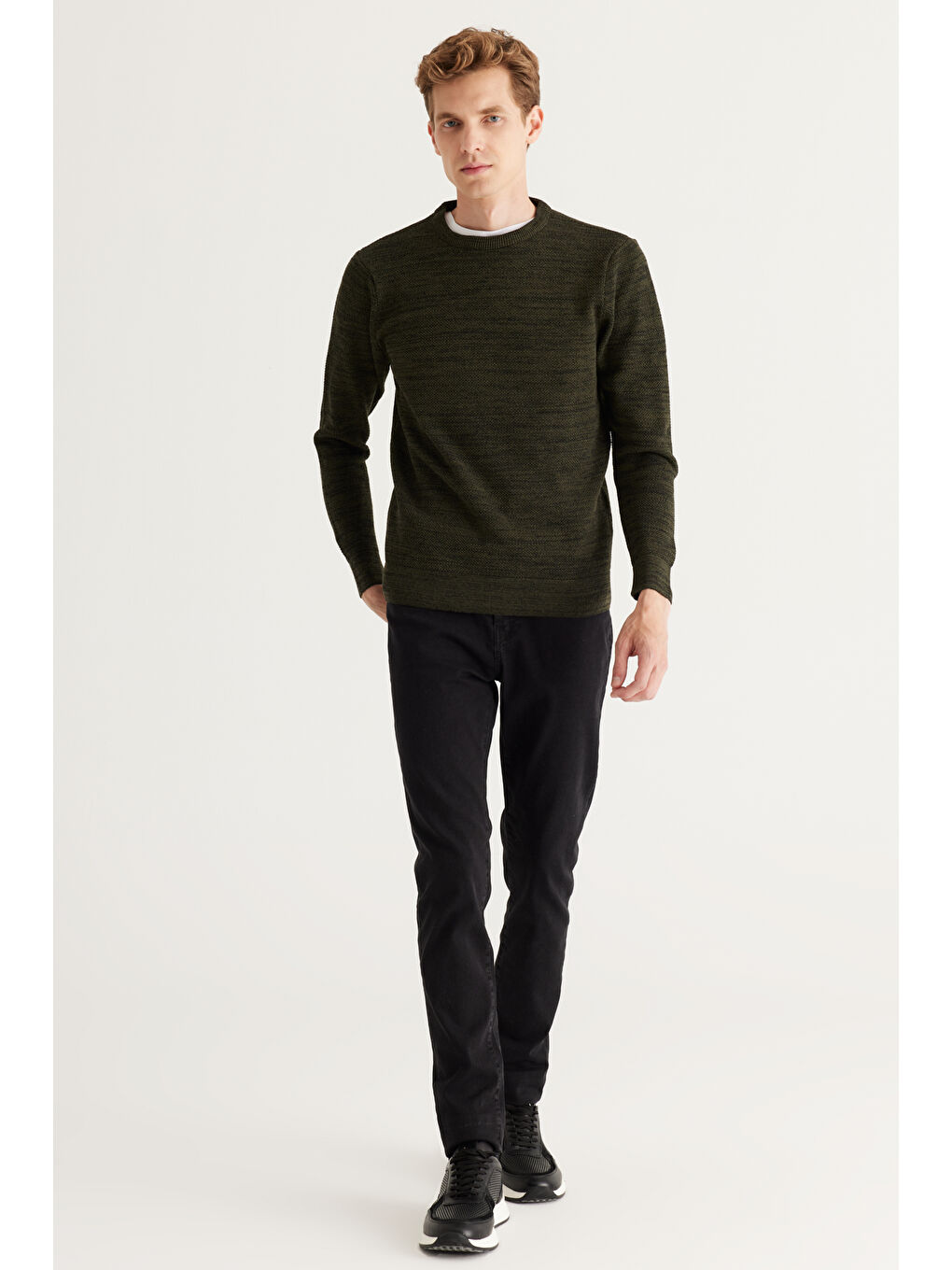 Erkek Haki-Siyah Recycle Standart Fit Normal Kesim Bisiklet Yaka Pirinç Örgü Desenli Triko-4