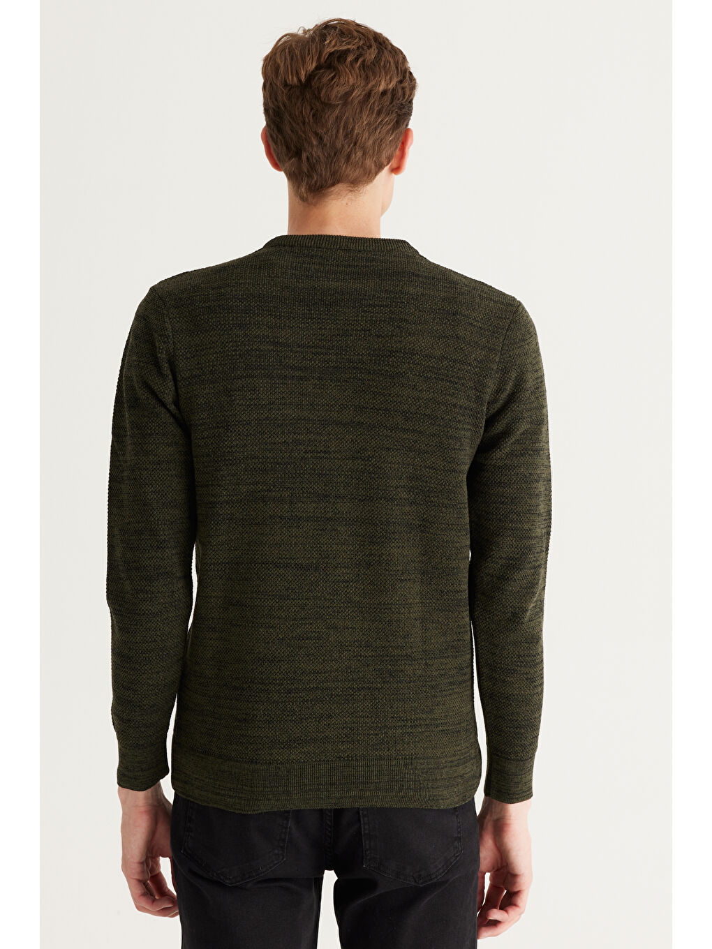 Erkek Haki-Siyah Recycle Standart Fit Normal Kesim Bisiklet Yaka Pirinç Örgü Desenli Triko-5