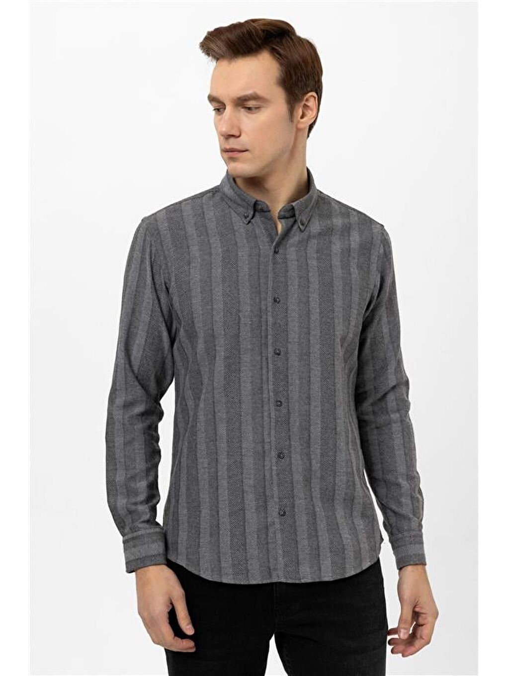 Antrasit Slim Düz Düğmeli Yaka Gömlek