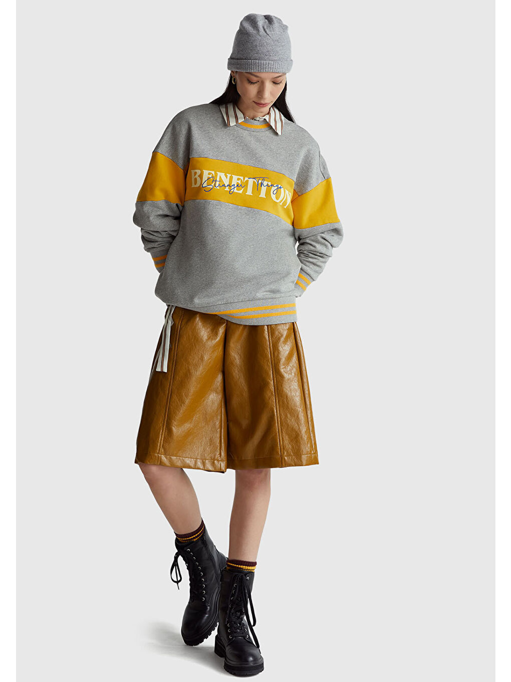 Unisex Gri Melanj Stranger Things Renk Bloklu Sweatshirt-5