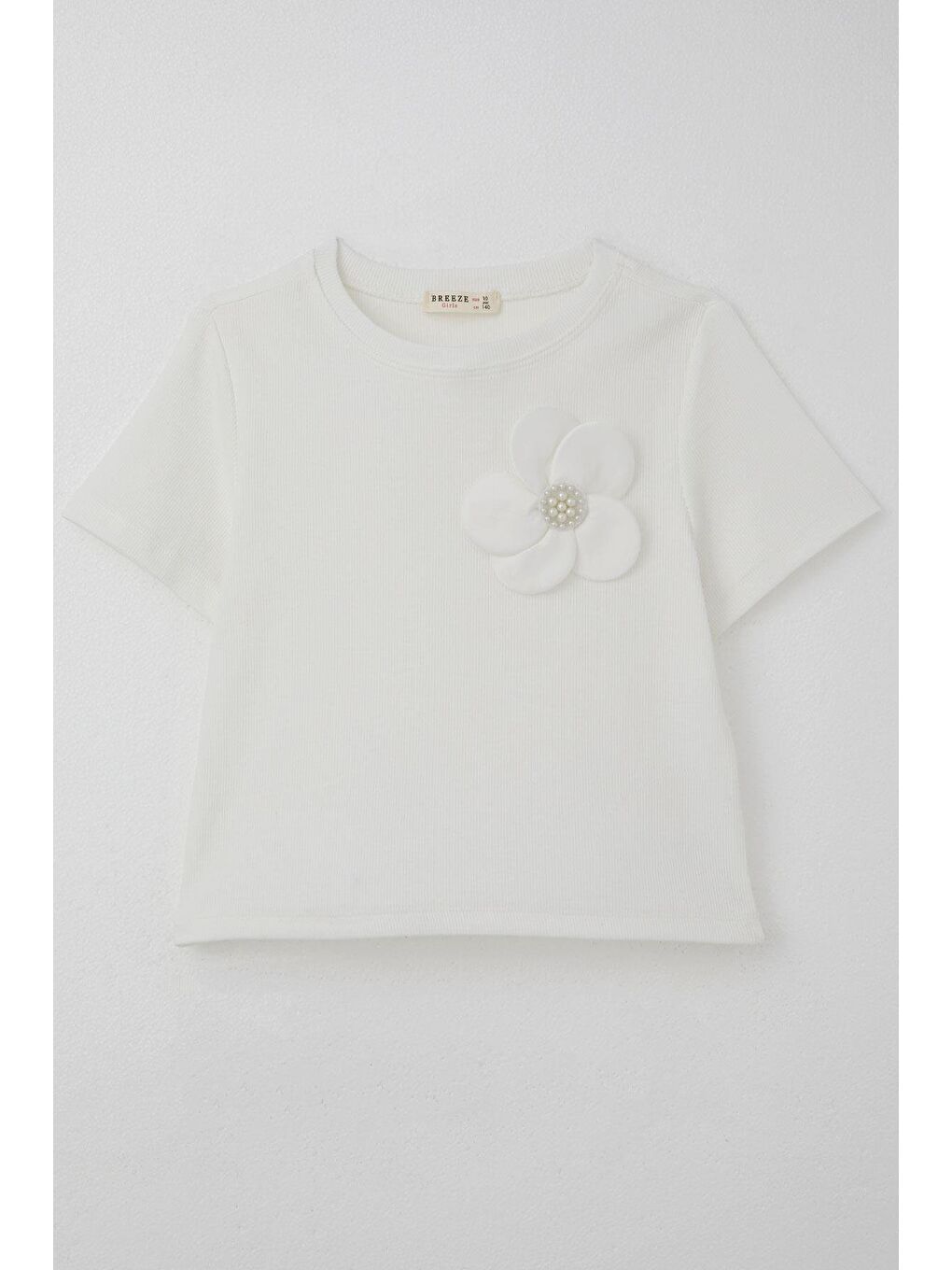 Kız Çocuk Tişört Çiçek Aksesuarlı İnci Detaylı Ekru (9-14 Yaş)