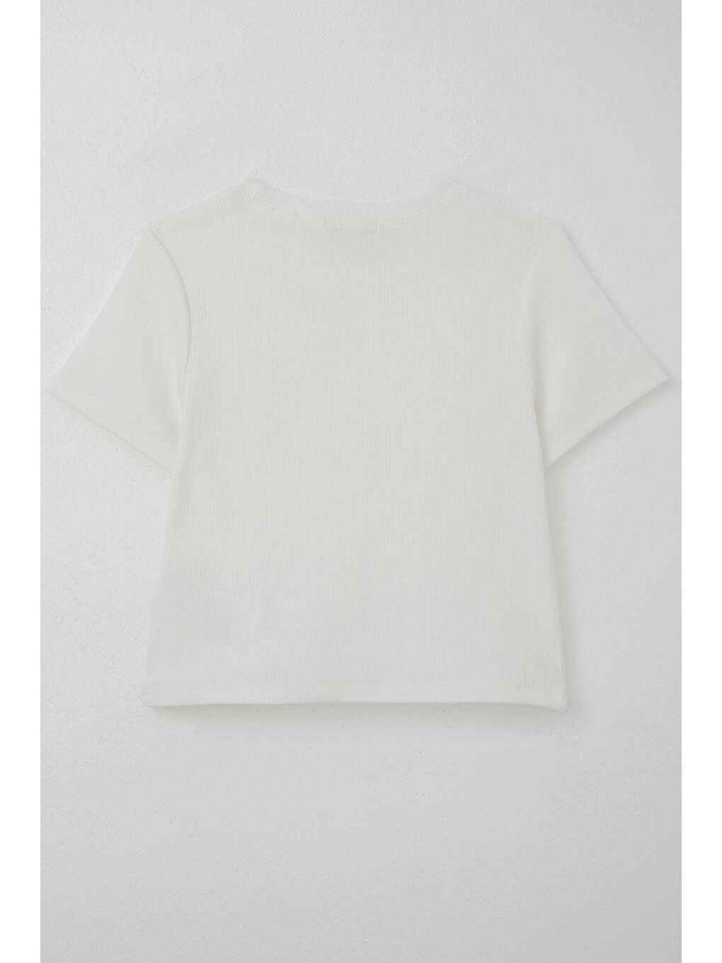 Kız Çocuk Tişört Çiçek Aksesuarlı İnci Detaylı Ekru (9-14 Yaş)-1