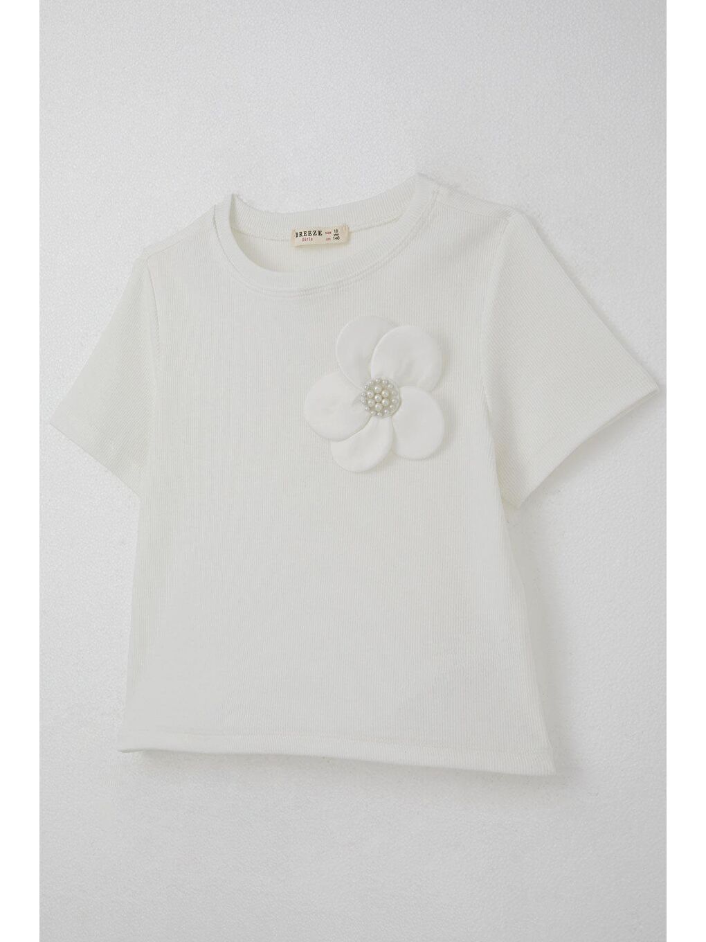 Kız Çocuk Tişört Çiçek Aksesuarlı İnci Detaylı Ekru (9-14 Yaş)-2