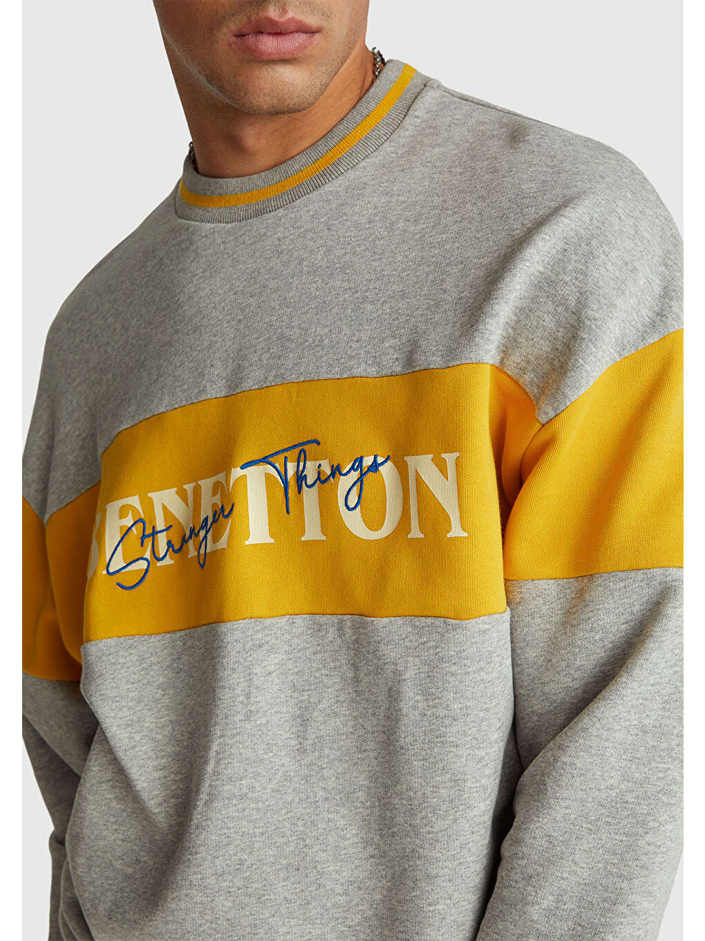 Unisex Gri Melanj Stranger Things Renk Bloklu Sweatshirt-6