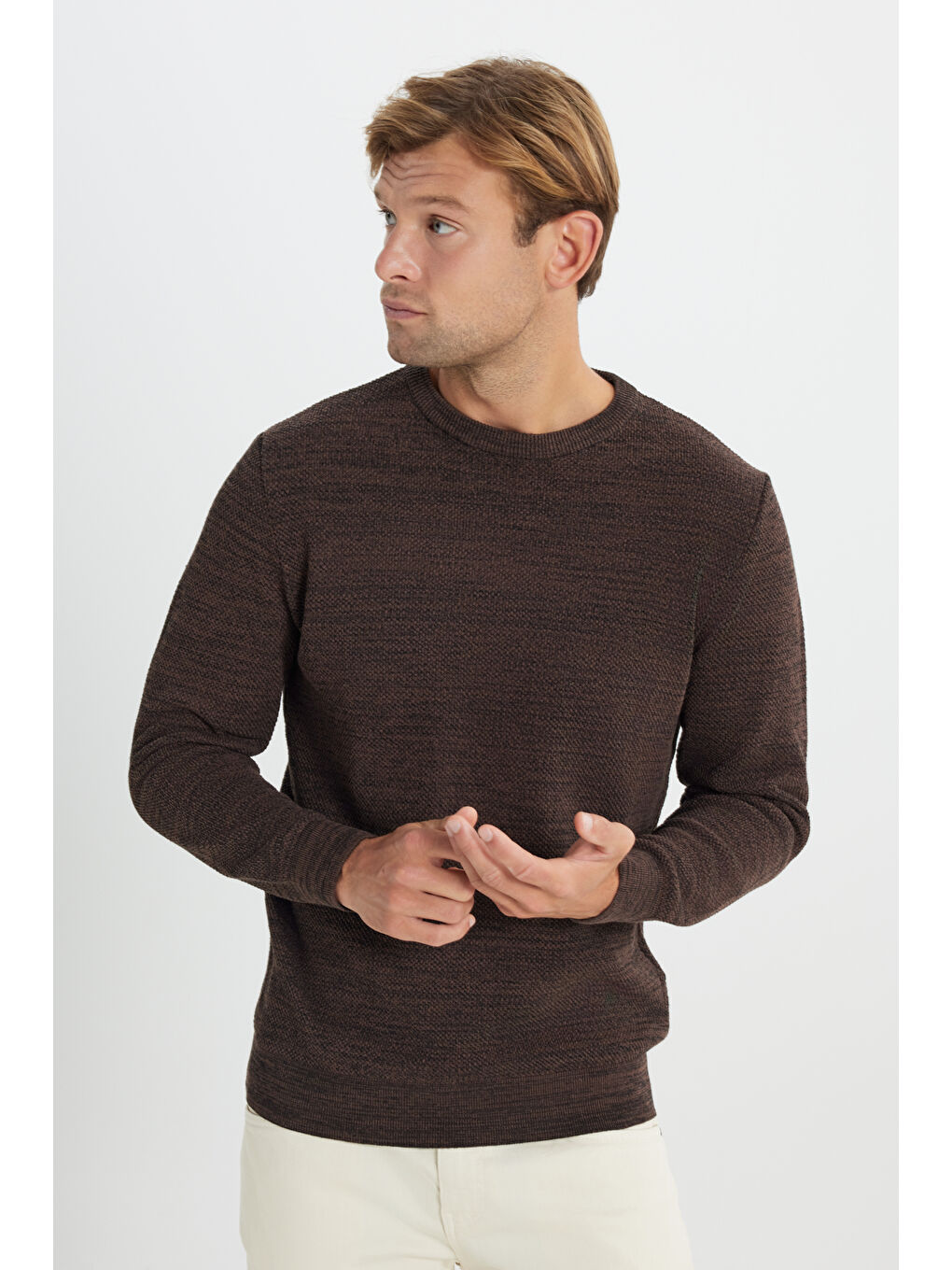 Kahverengi Erkek Kahve-Siyah Recycle Standart Fit Normal Kesim Bisiklet Yaka Pirinç Örgü Desenli Triko