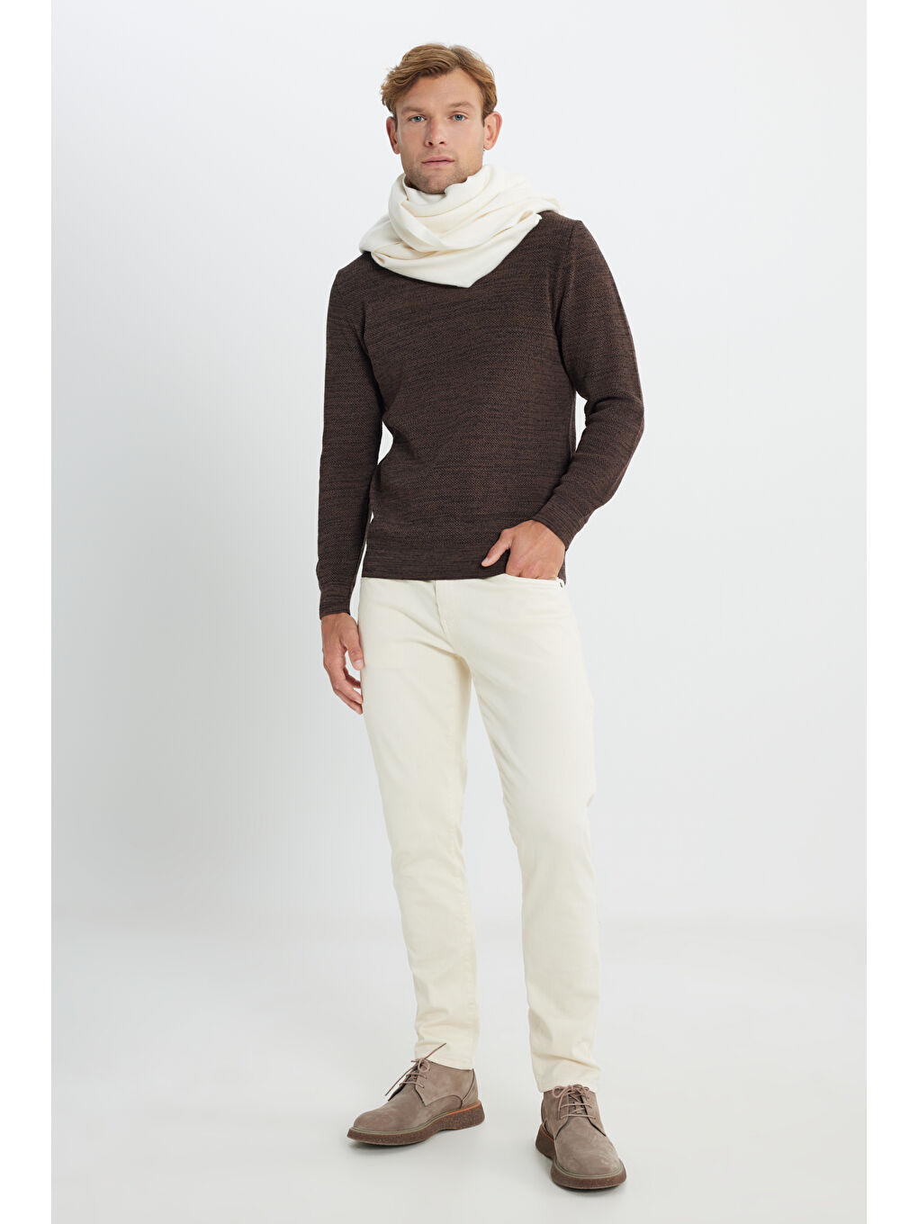 Kahverengi Erkek Kahve-Siyah Recycle Standart Fit Normal Kesim Bisiklet Yaka Pirinç Örgü Desenli Triko-1